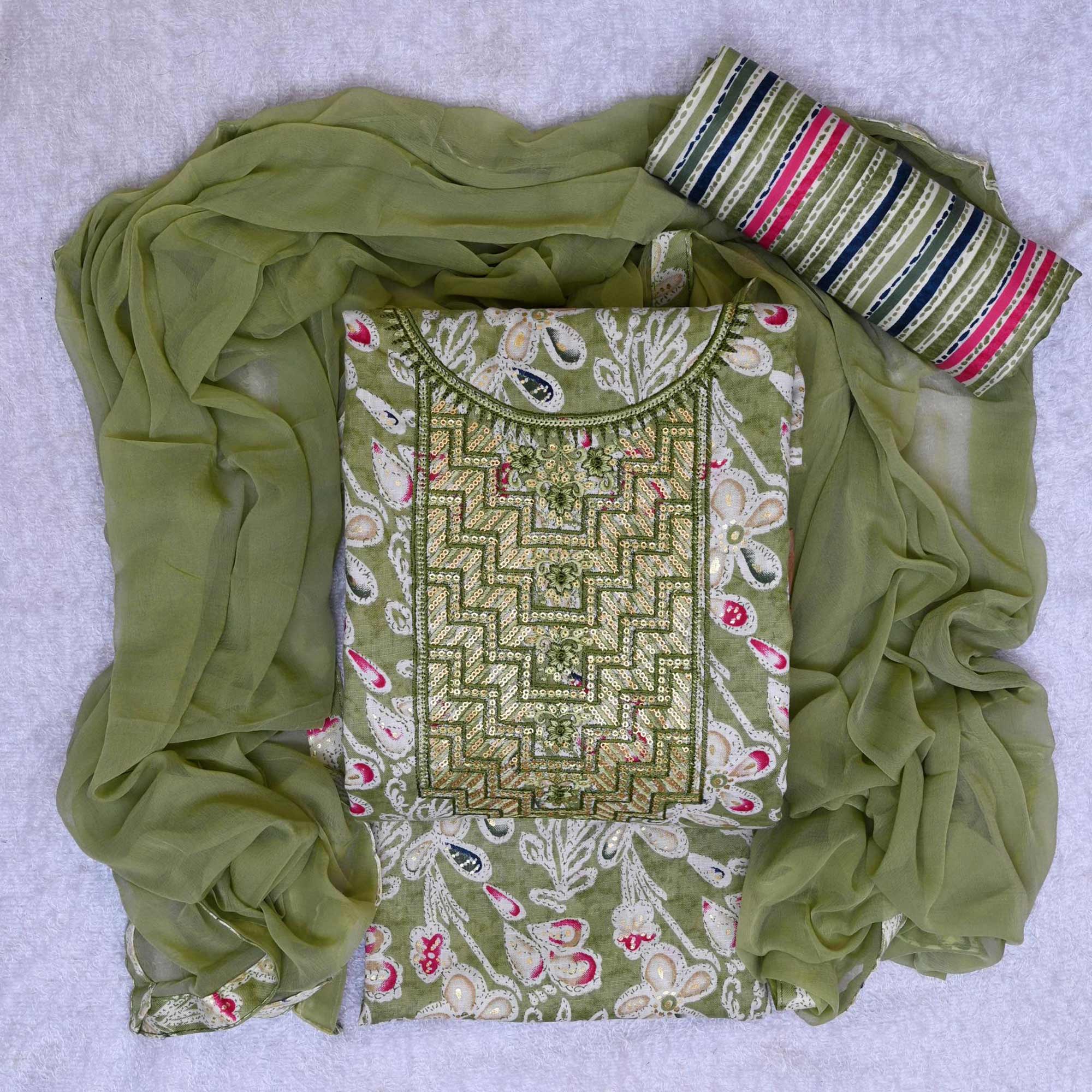 Green Foil Printed With Sequins Embroidery Cotton Blend Dress Material