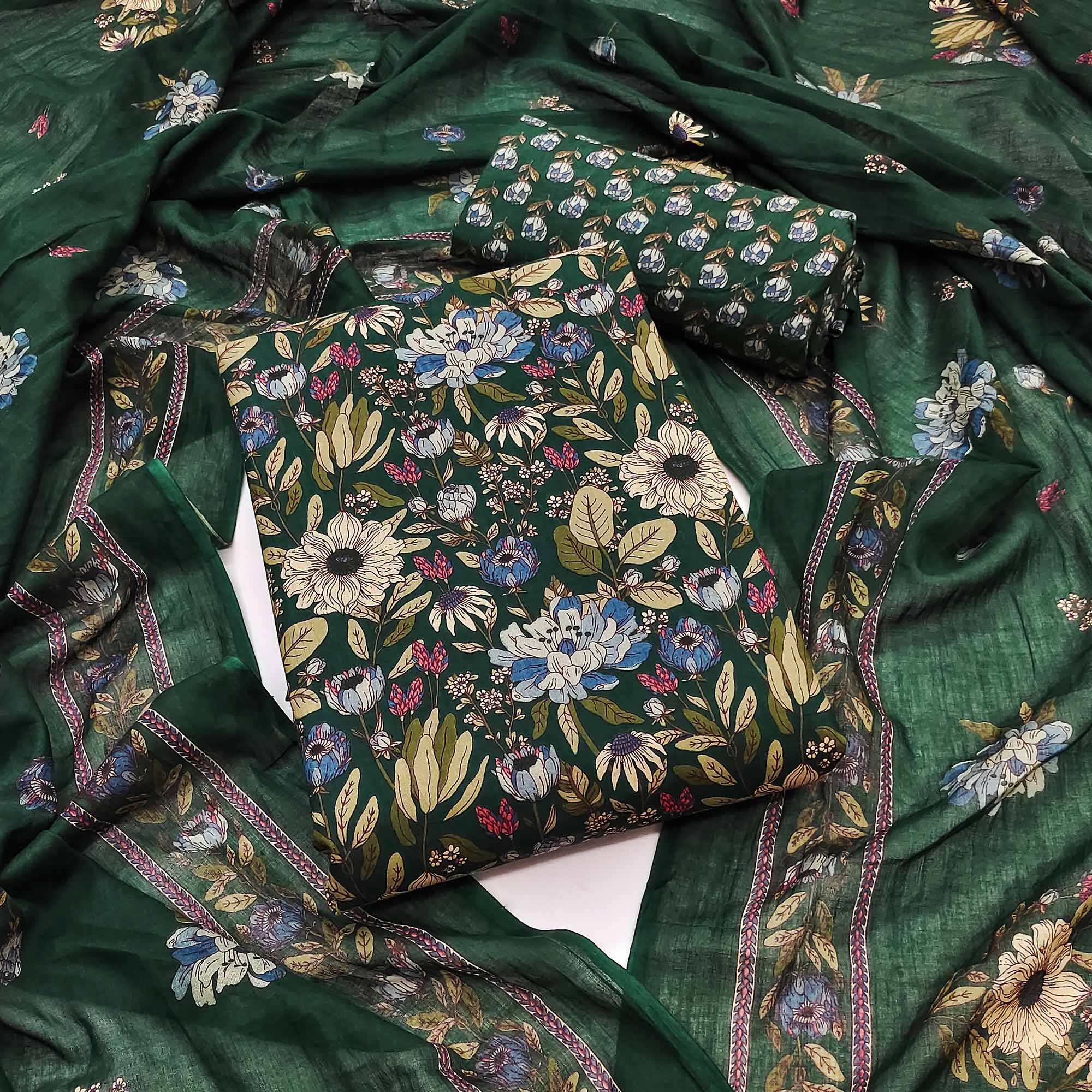 Green Floral Printed Pure Cotton Dress Material