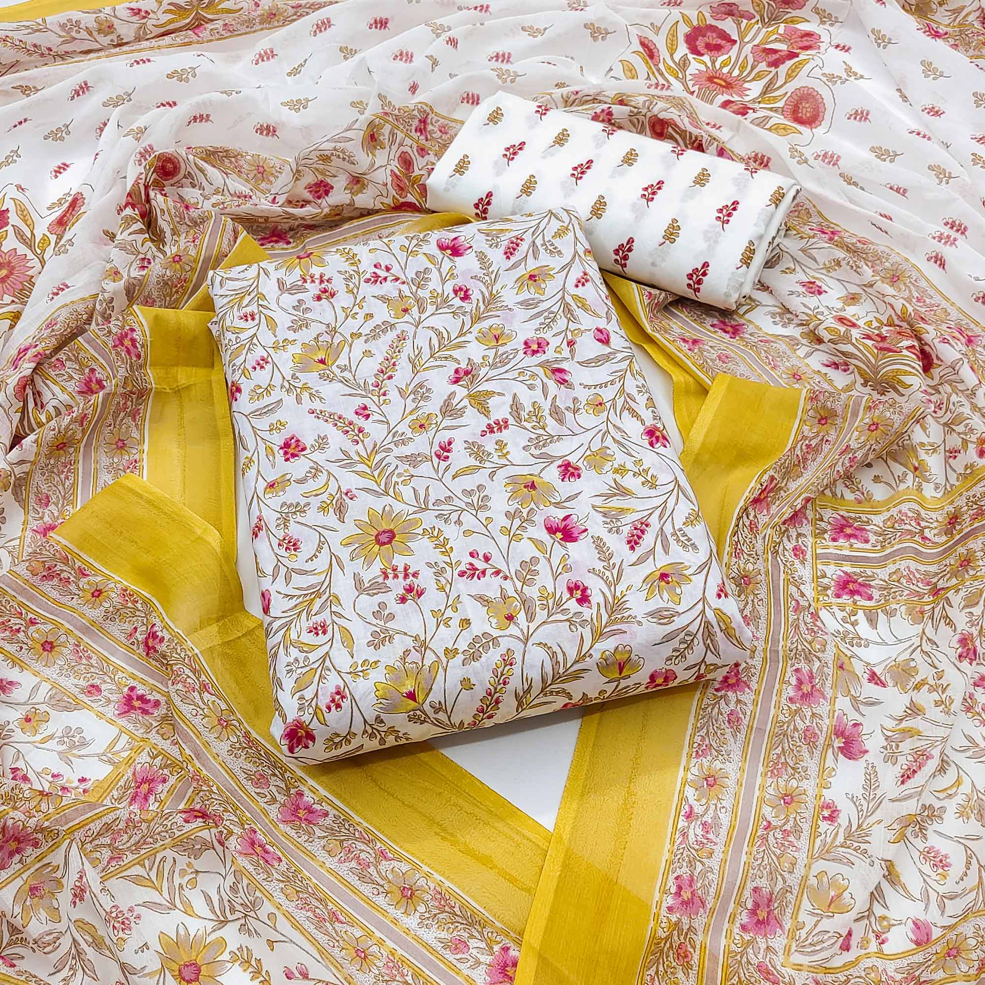 White & Mustard Floral Printed Pure Cotton Dress Material