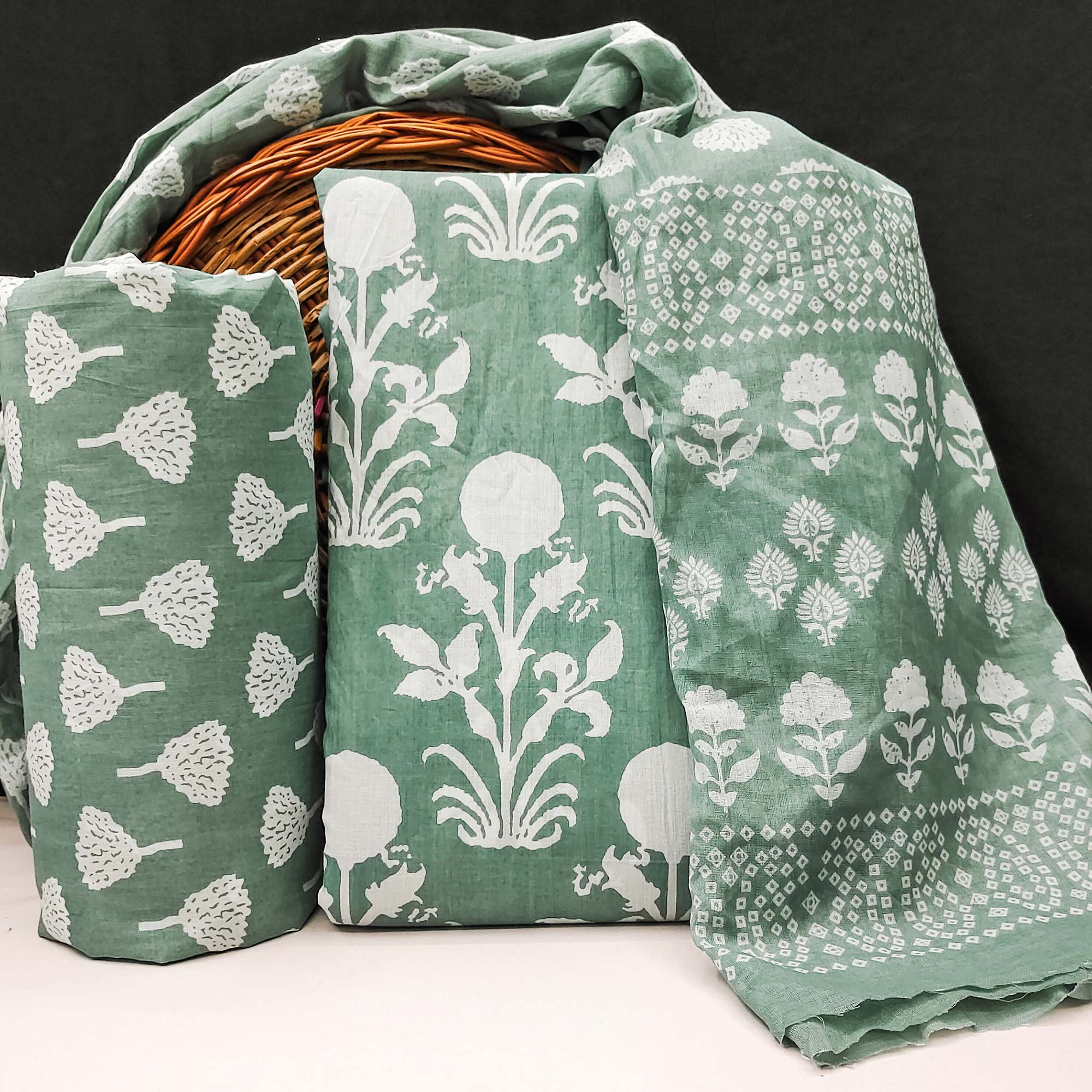 Green Floral Printed Pure Cotton Dress Material