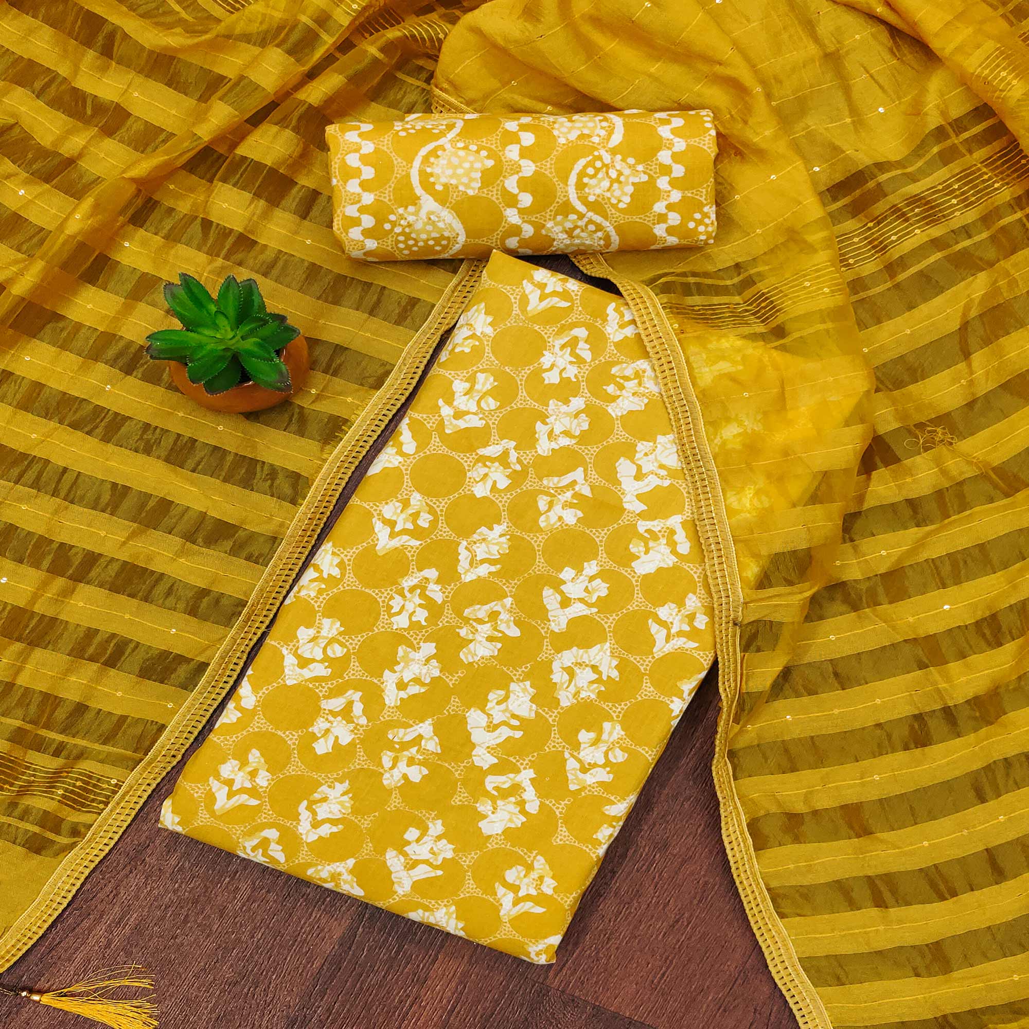 Mustard Floral Printed Pure Cotton Dress Material