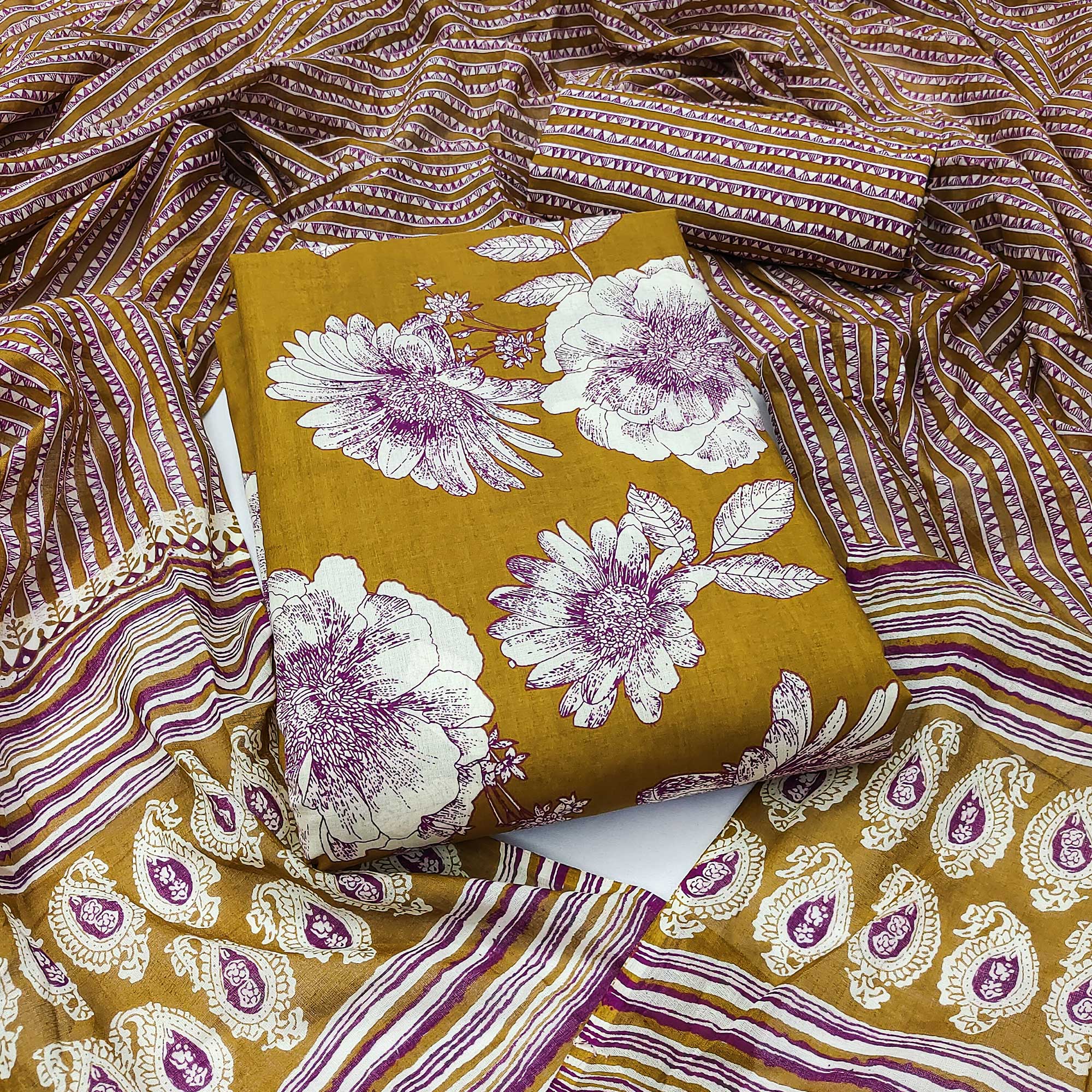 Mustard Floral Printed Pure Cotton Dress Material