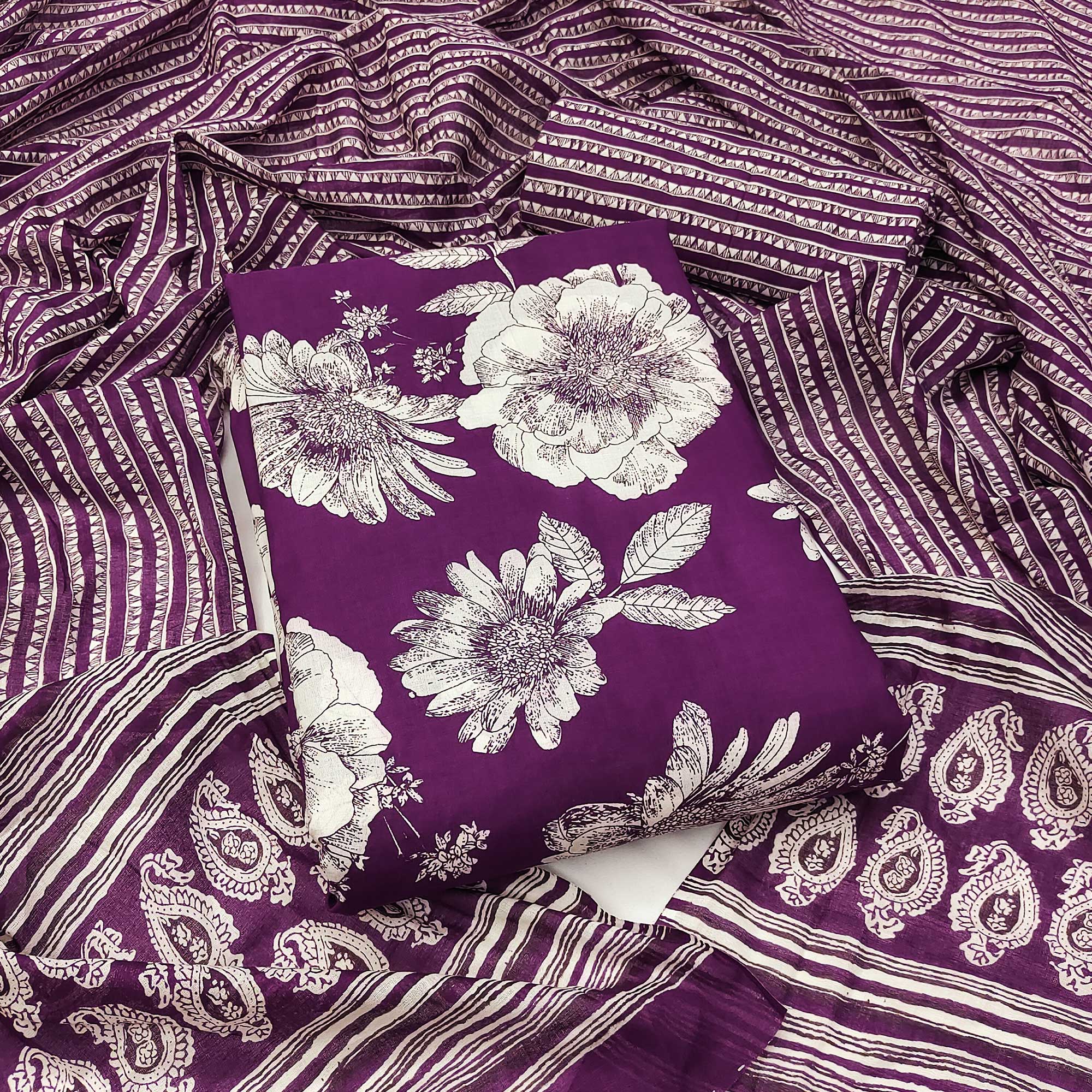 Purple Floral Printed Pure Cotton Dress Material