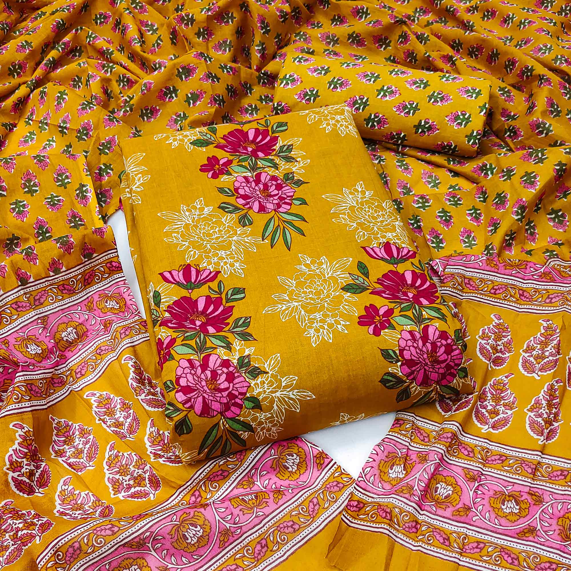 Mustard Floral Printed Pure Cotton Dress Material