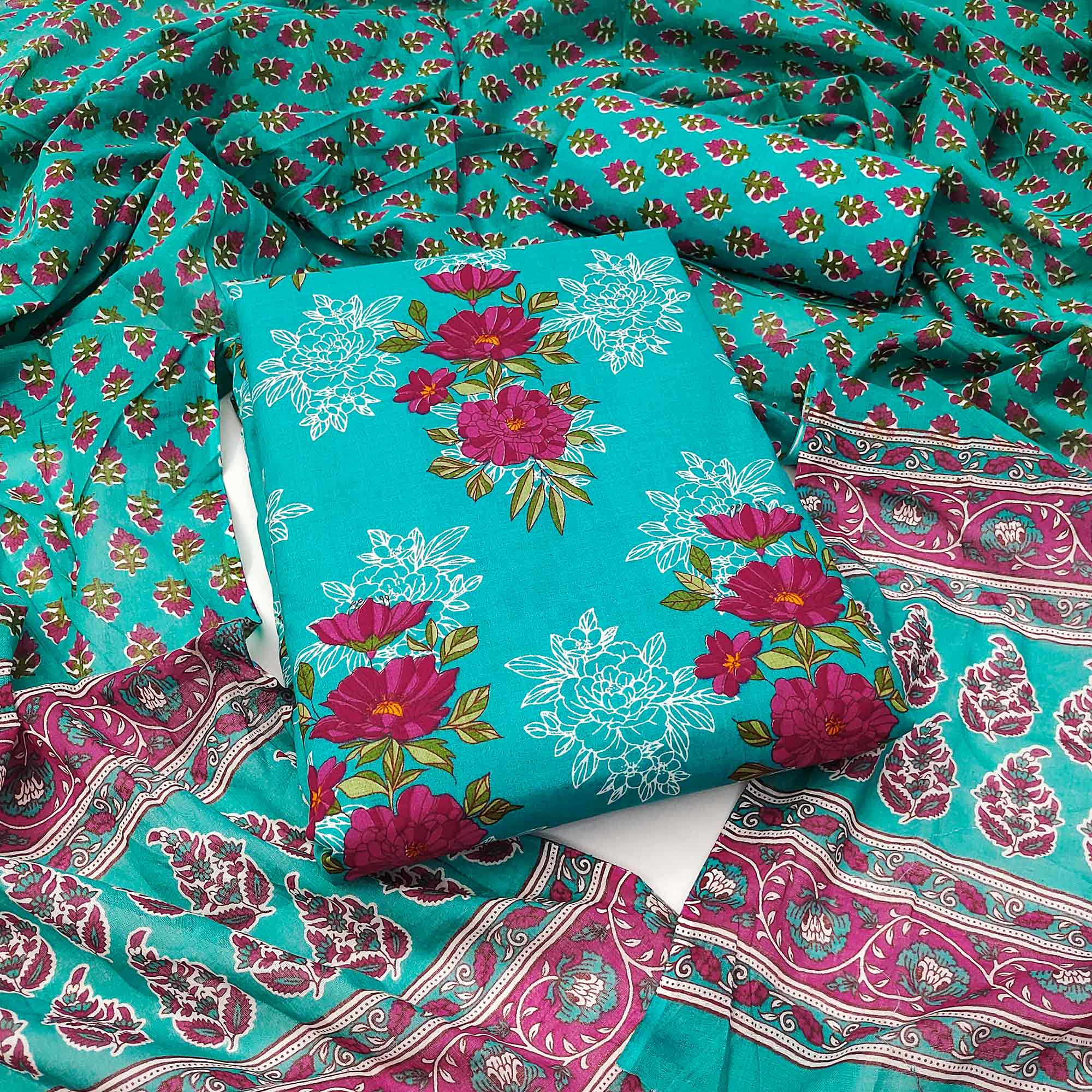 Turquoise Floral Printed Pure Cotton Dress Material