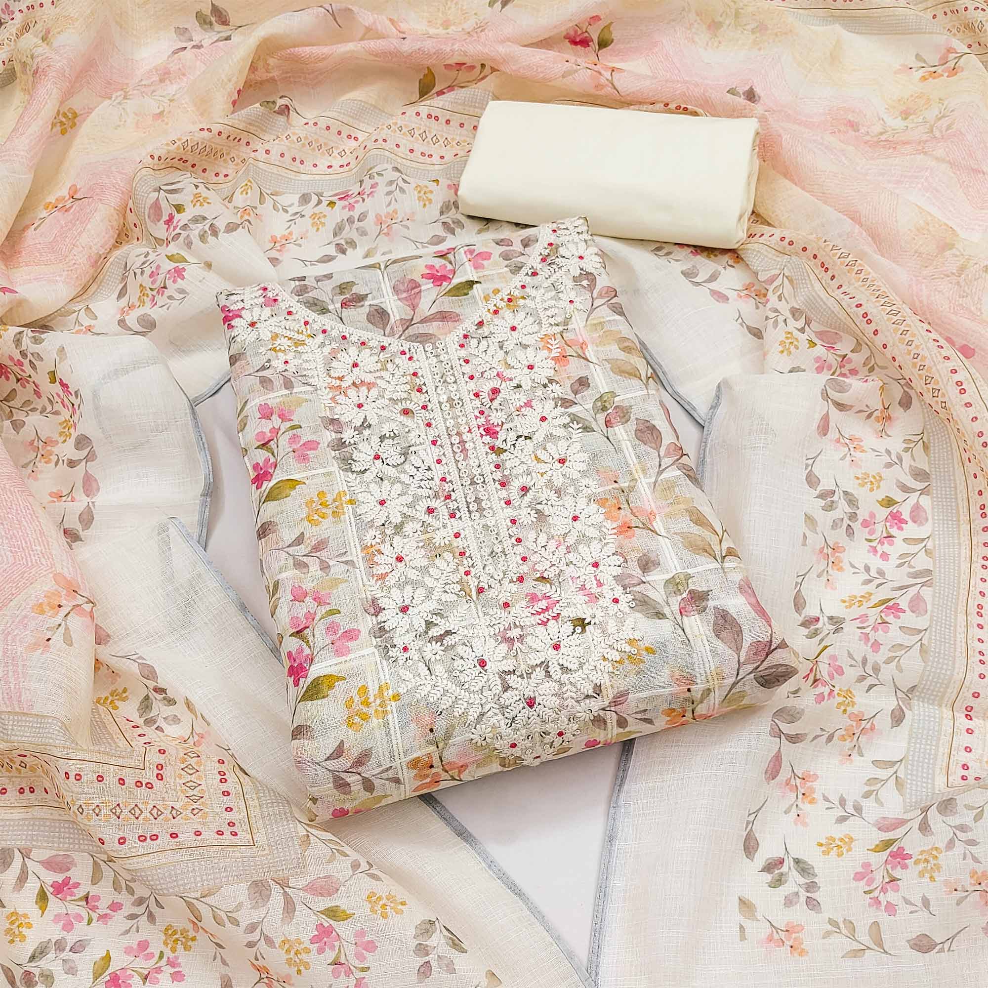 Cream Floral Printed With Embroidery Cotton Blend Dress Material