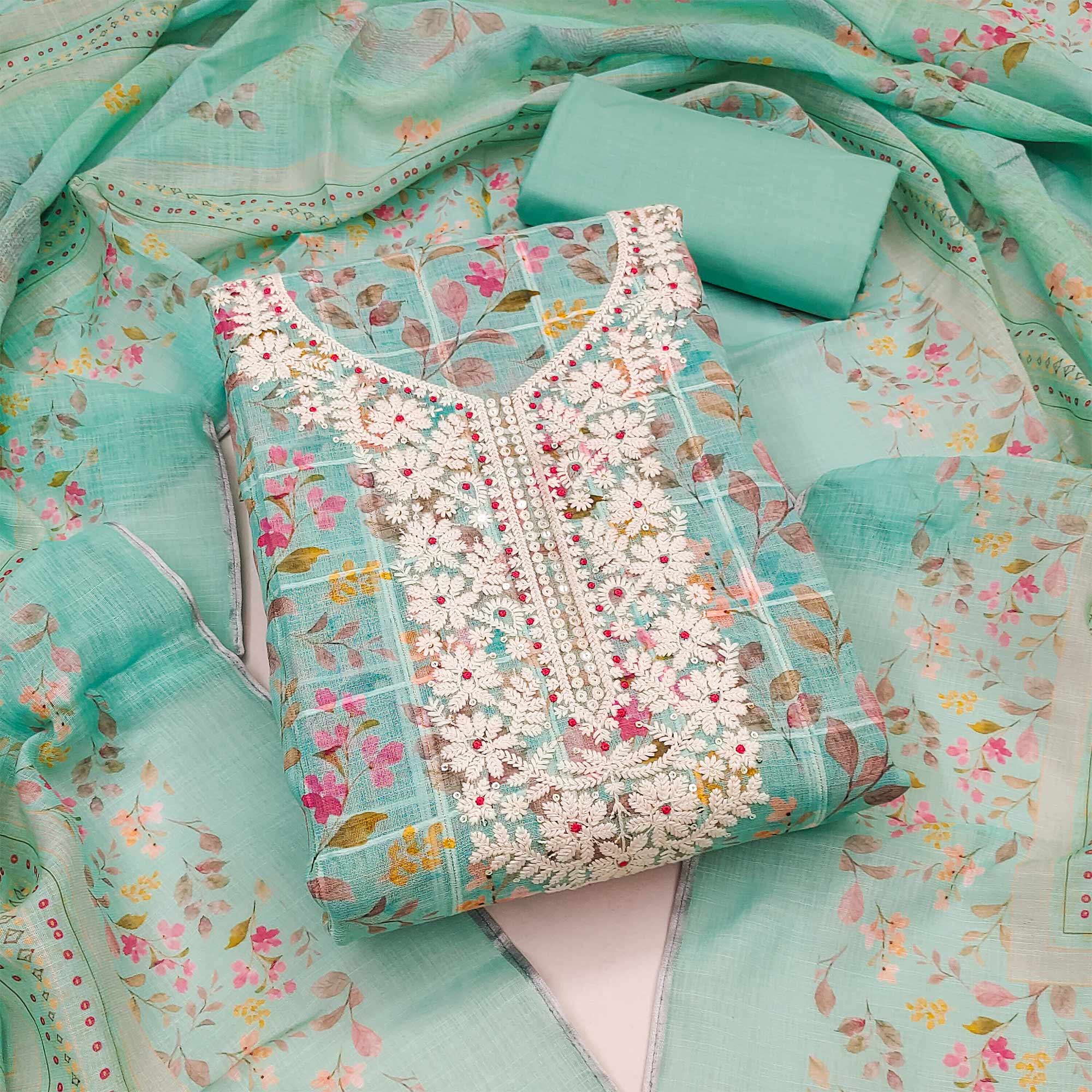 Turquoise Floral Printed With Embroidery Cotton Blend Dress Material