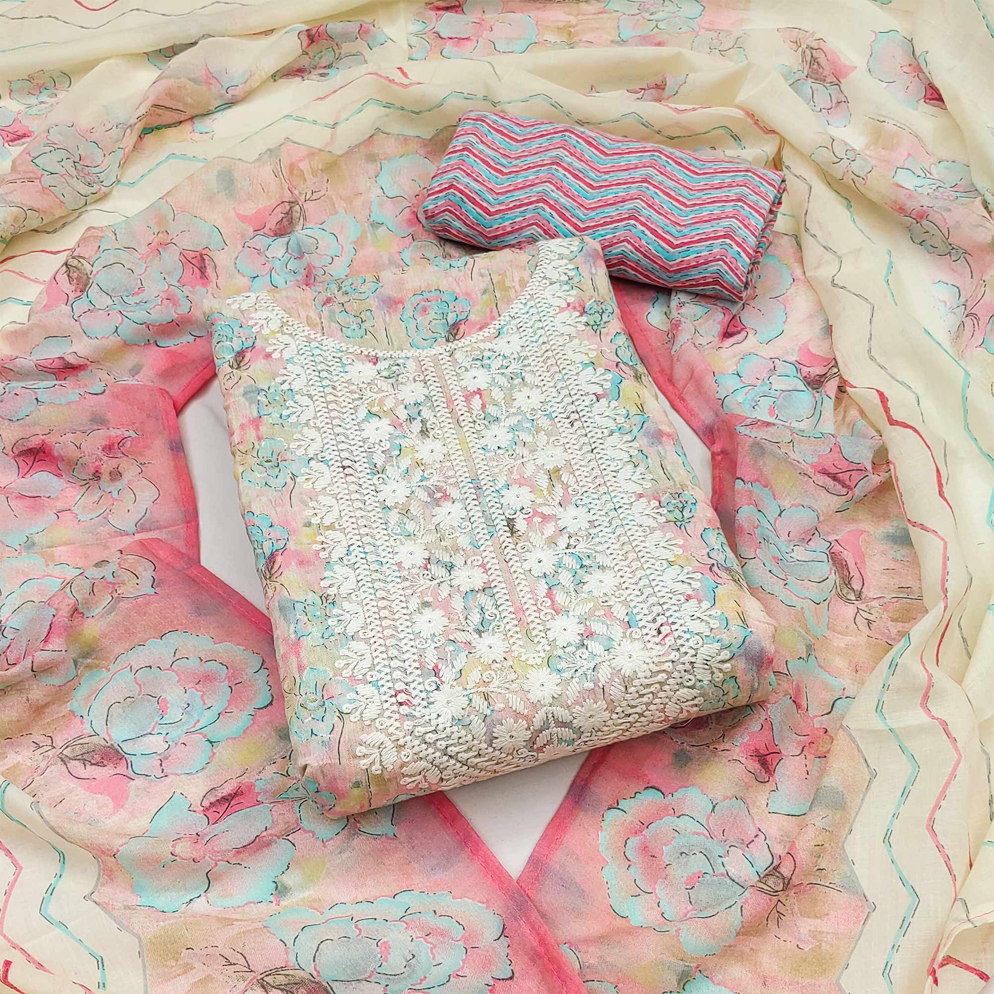 Pink Floral Printed With Embroidery Pure Cotton Dress Material
