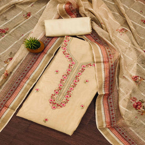 Beige Floral Embroidered Chanderi Dress Material
