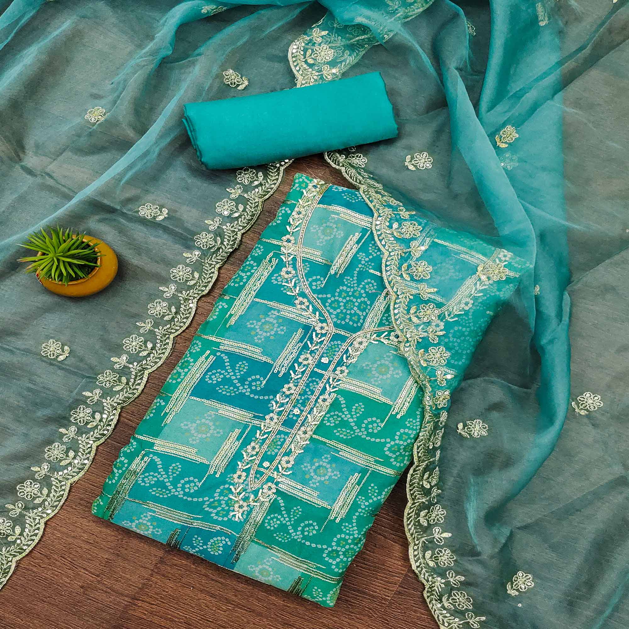 Turquoise Bandhani Style Embroidered Organza Dress Material