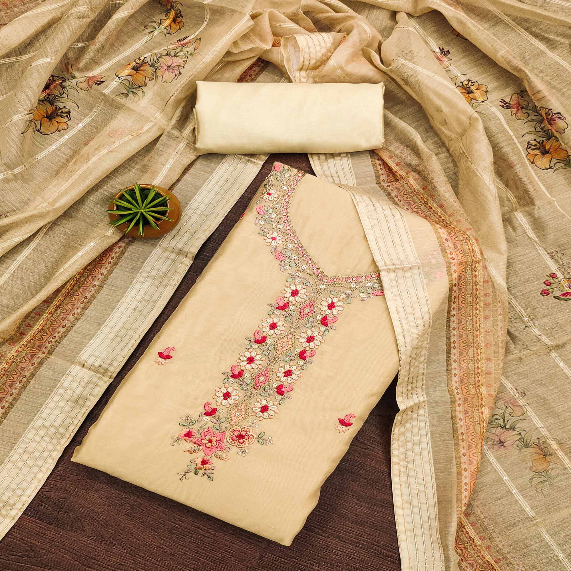 Beige Floral Embroidered Chanderi Dress Material