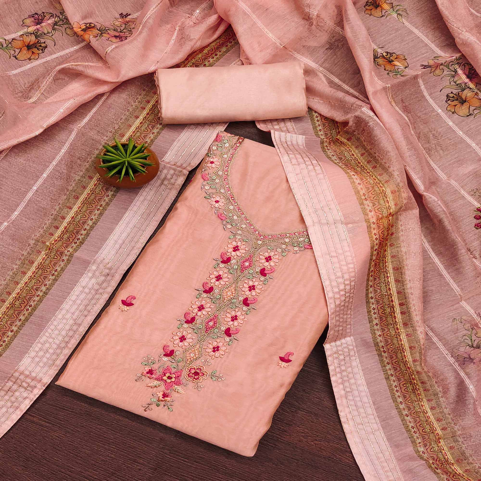 Peach Floral Embroidered Chanderi Dress Material