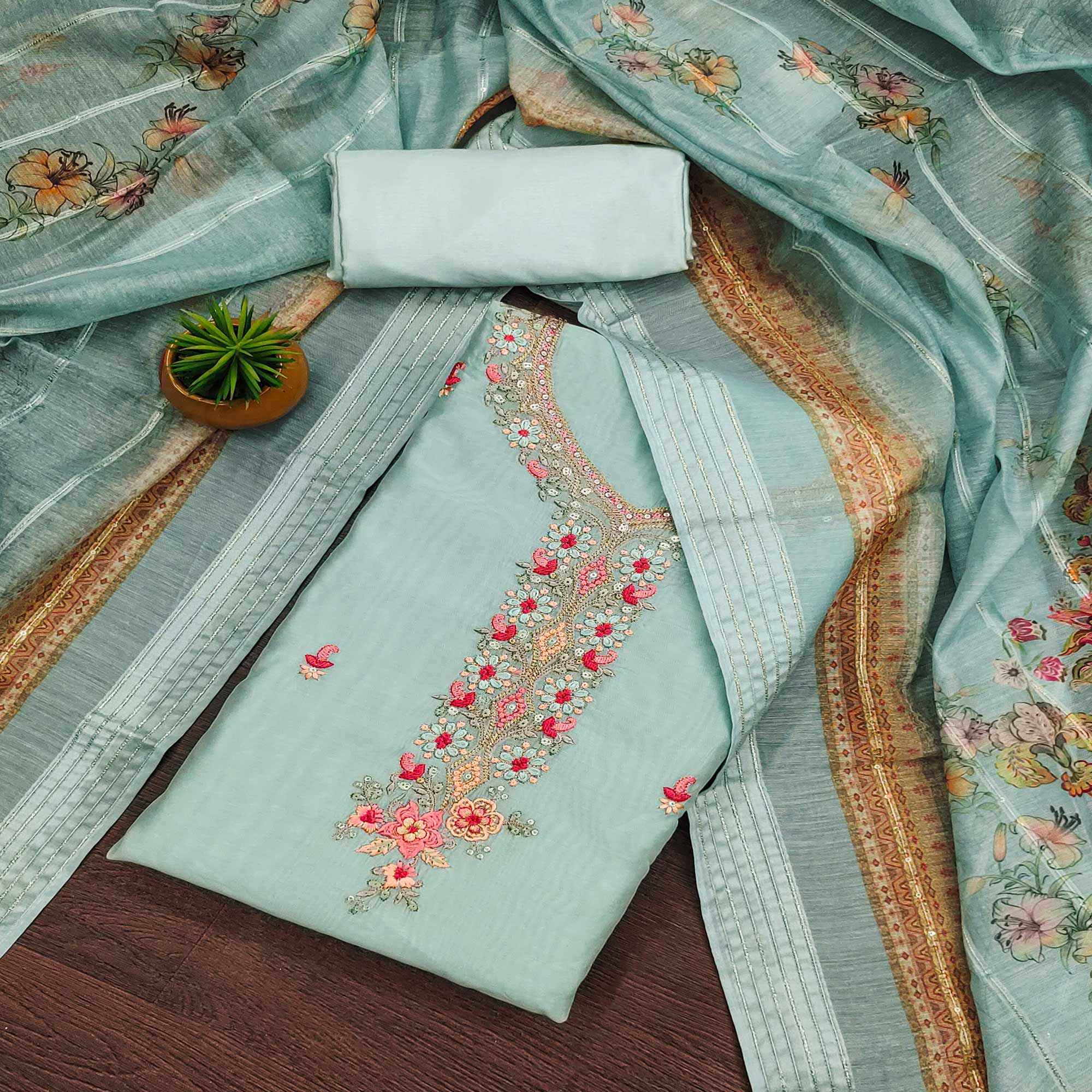 Sea Green Floral Embroidered Chanderi Dress Material