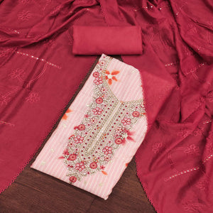 Peach Floral Printed With Embroidered Pure Cotton Dress Material