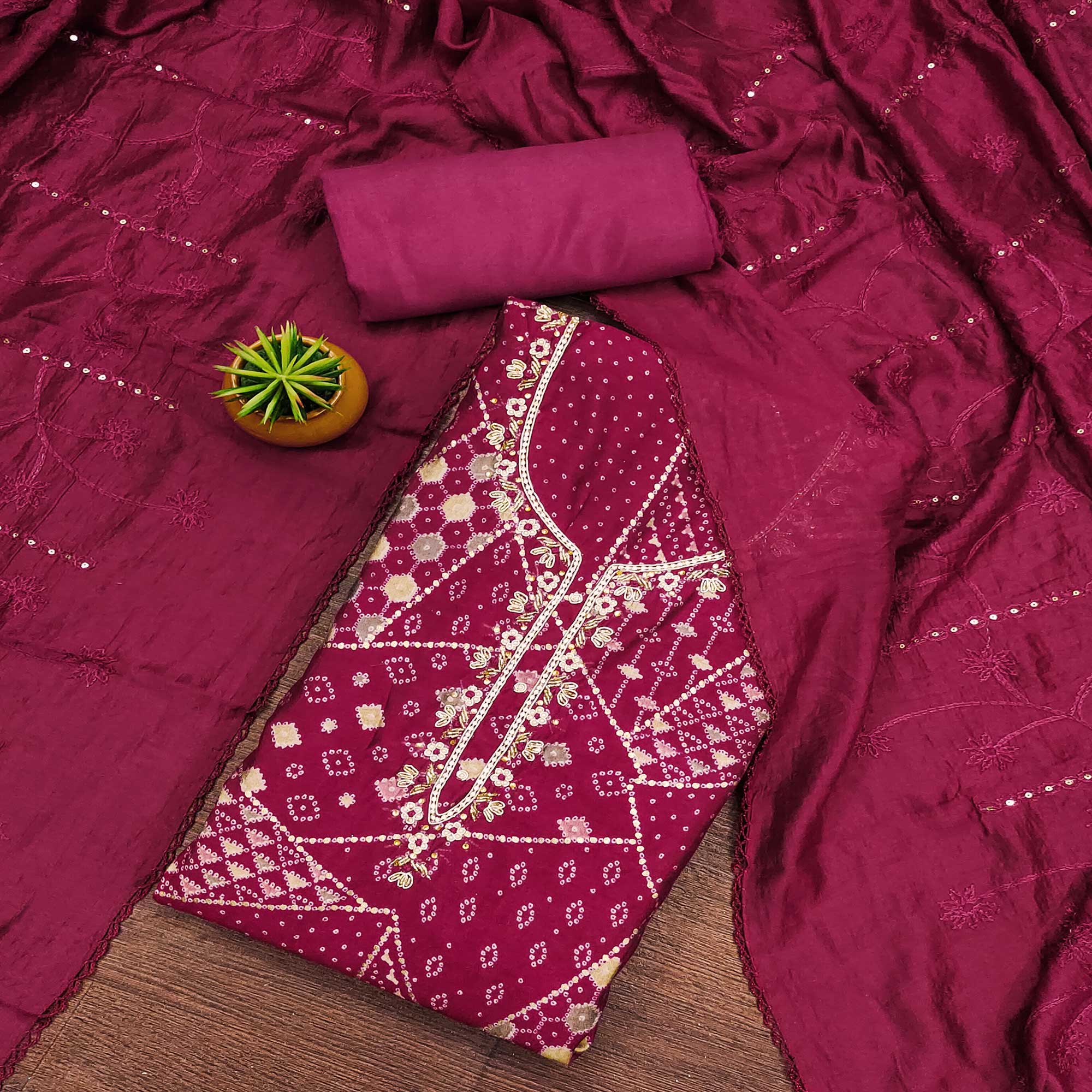 Pink Foil Printed With Handwork Embroidered Pure Cotton Dress Material