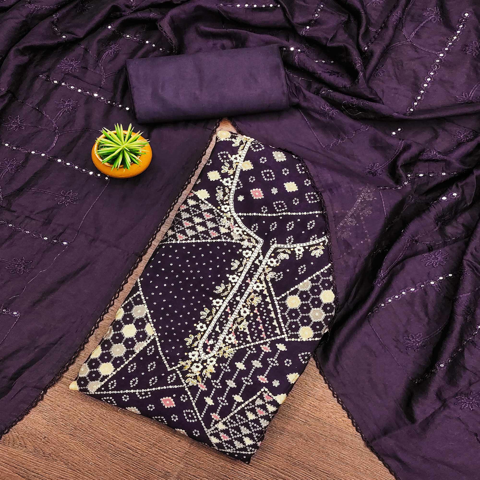 Purple Foil Printed With Handwork Embroidered Pure Cotton Dress Material