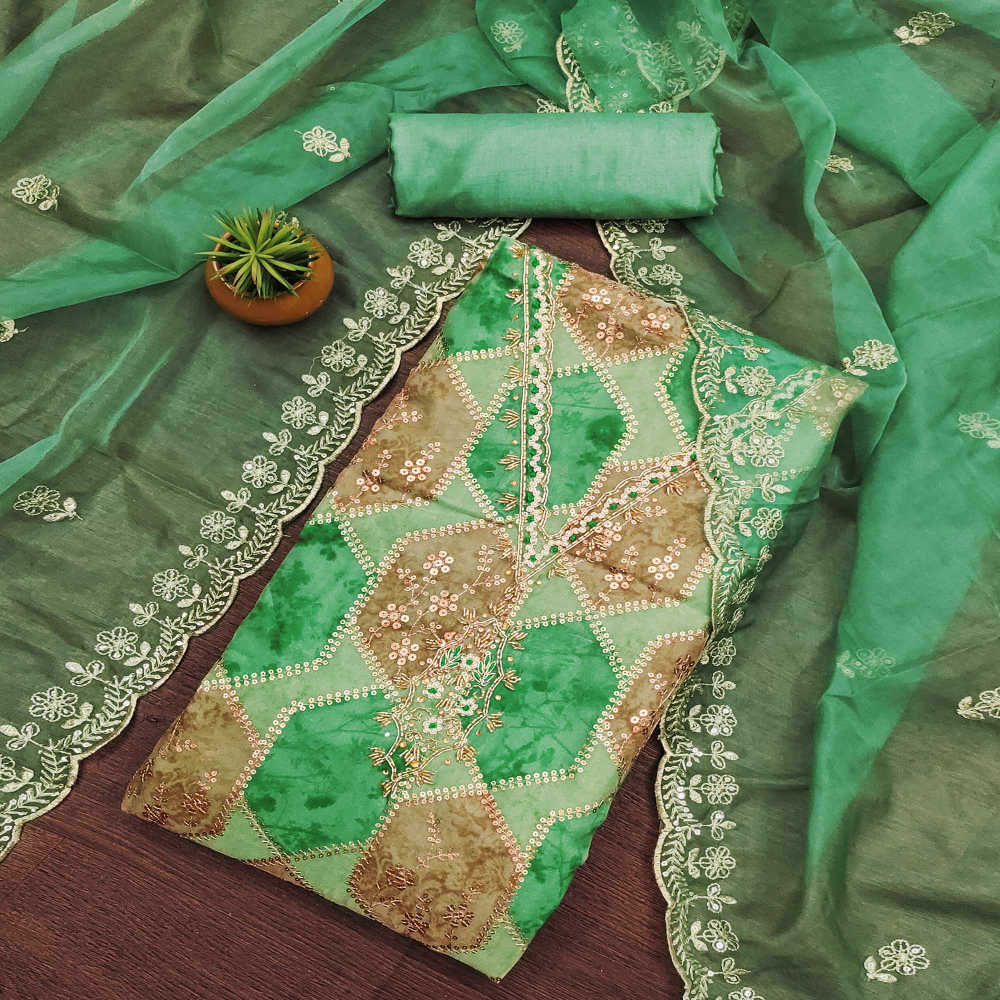 Green Floral Sequins Embroidered Organza Dress Material