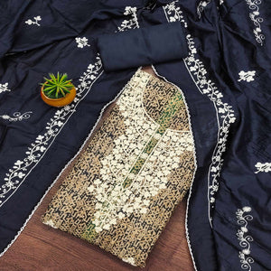 Navy Blue Floral Embroidered With Printed Pure Cotton Dress Material