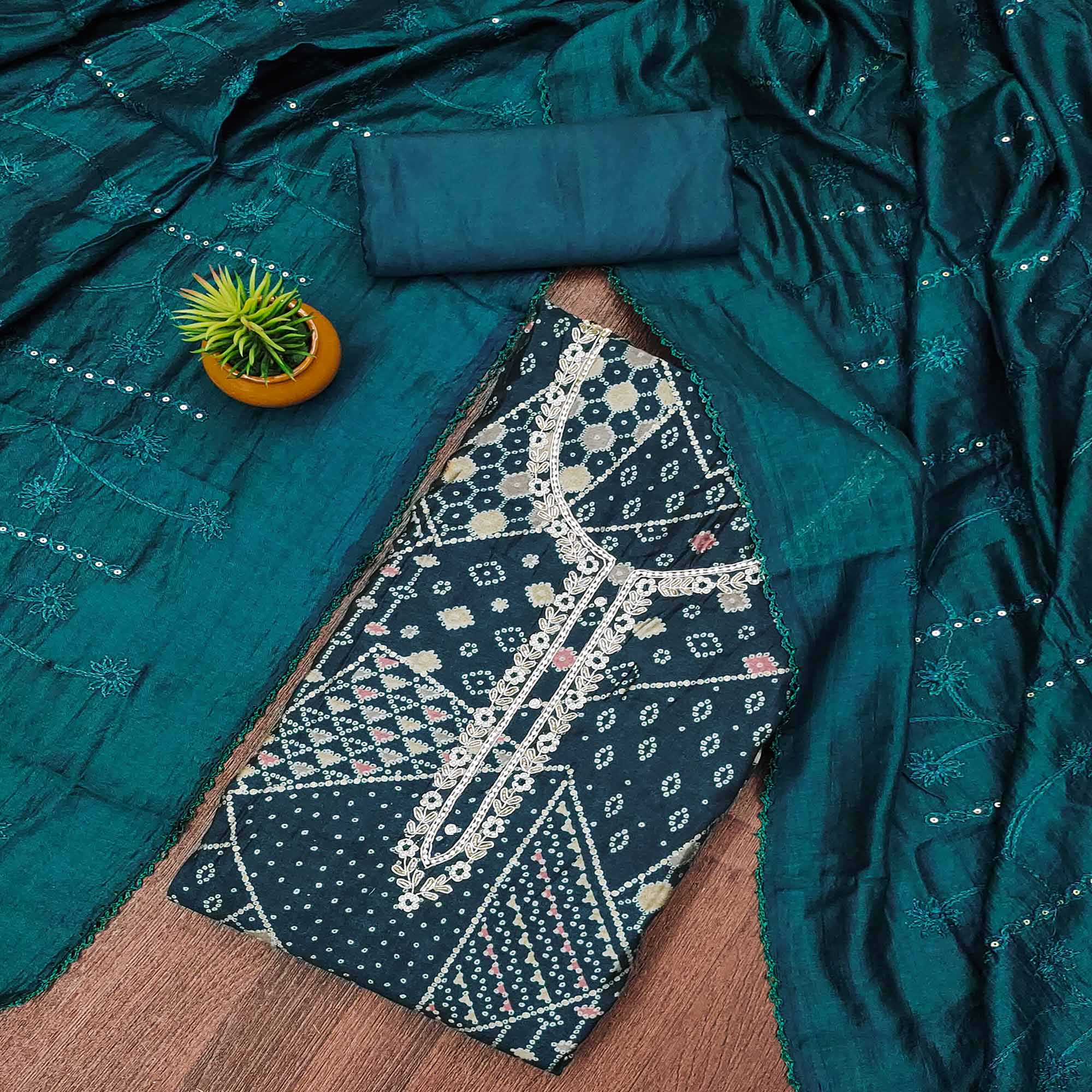 Morpich Floral Embroidery With Foil Printed Pure Cotton Dress Material