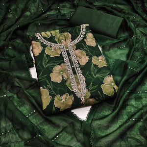 Green Floral Printed With Handwork Cotton Silk Dress Material
