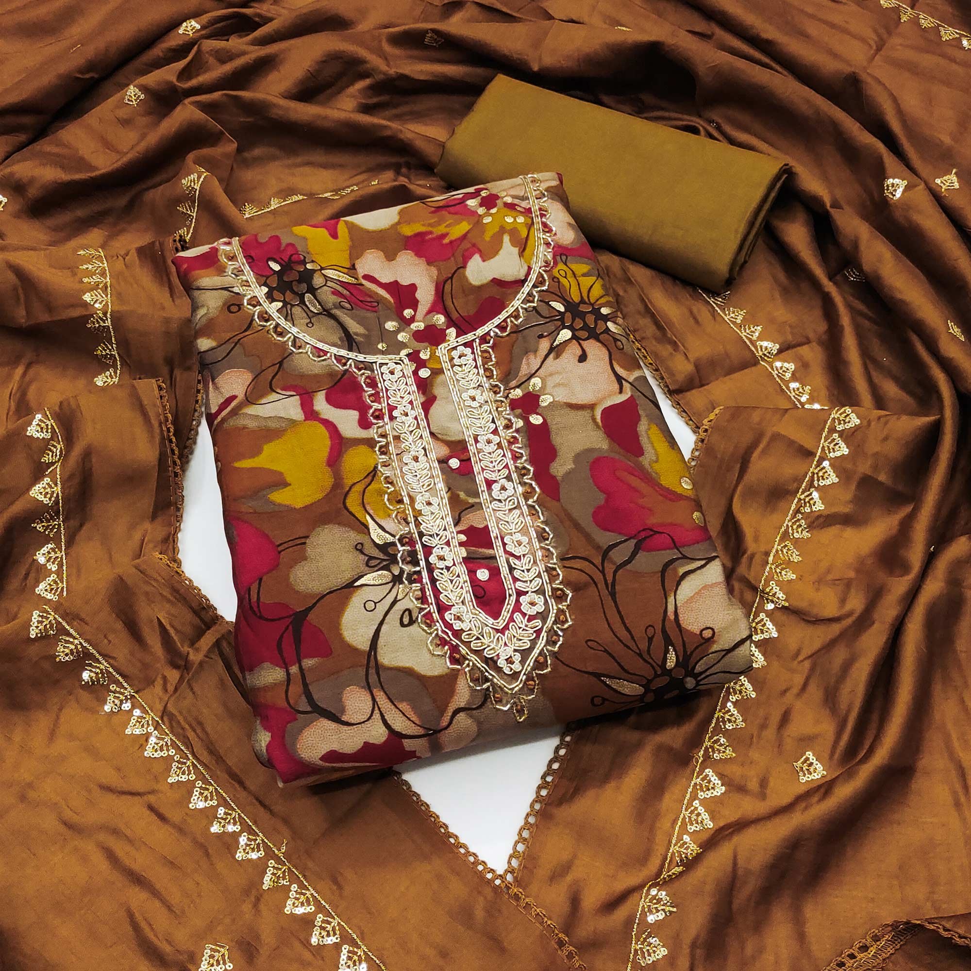 Brown Floral Printed Cotton Silk Dress Material