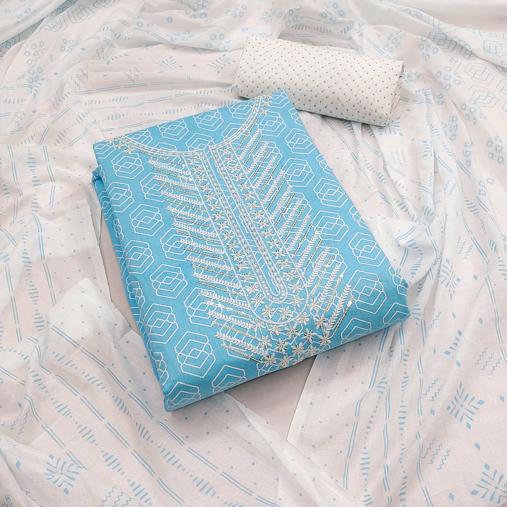 Blue Printed With Yoke Embroidered Pure Cotton Dress Material