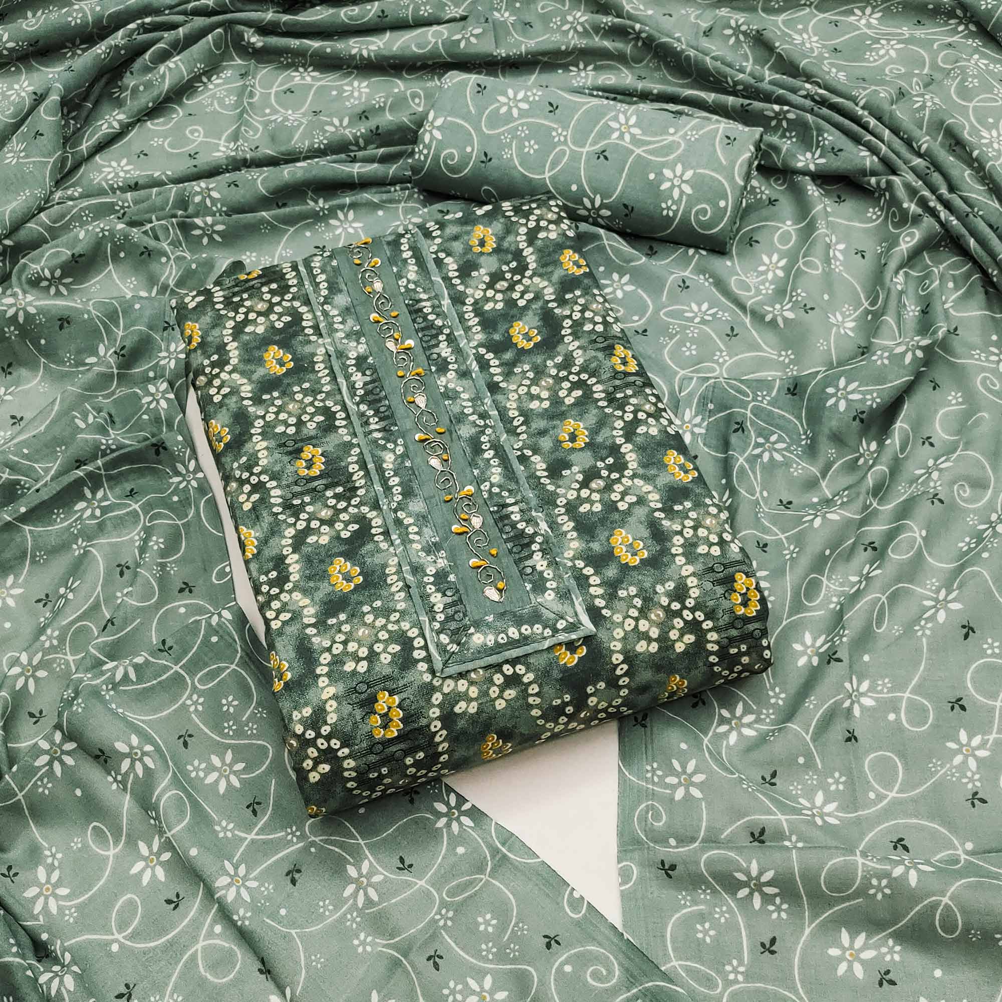 Dusty Green Bandhani Printed Pure Cotton Dress Material