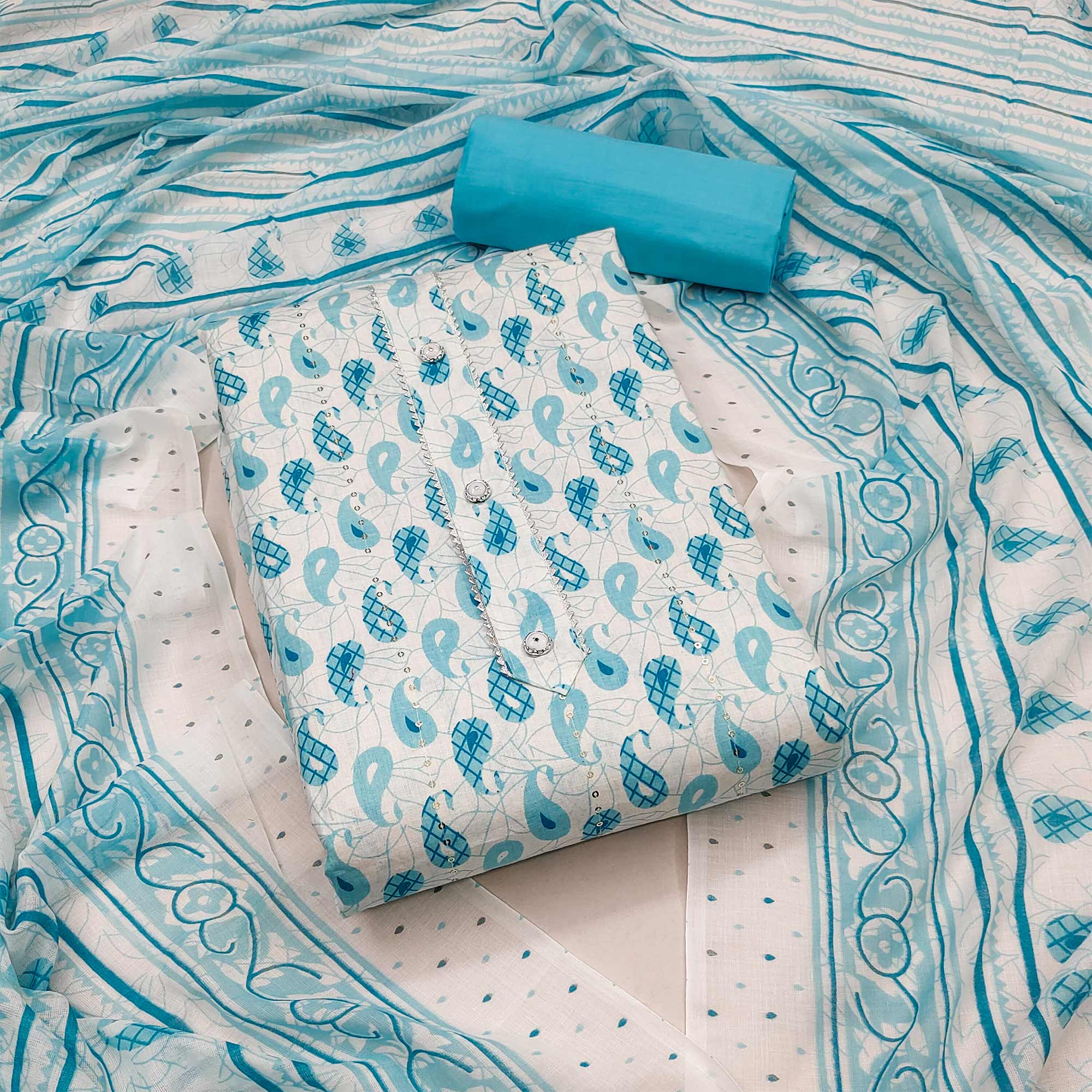 Blue Printed With Sequins Work Pure Cotton Dress Material
