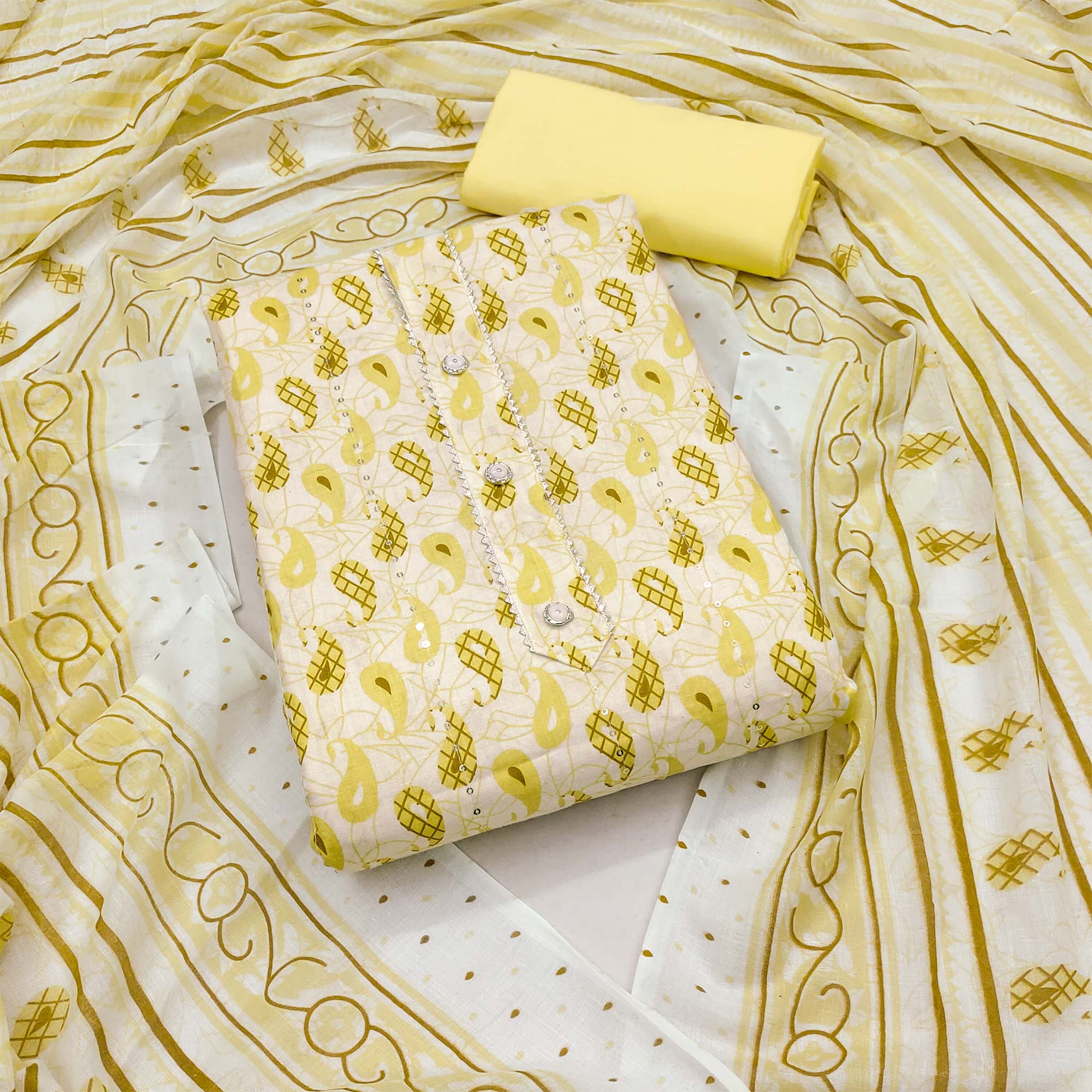 Yellow Printed With Sequins Work Pure Cotton Dress Material