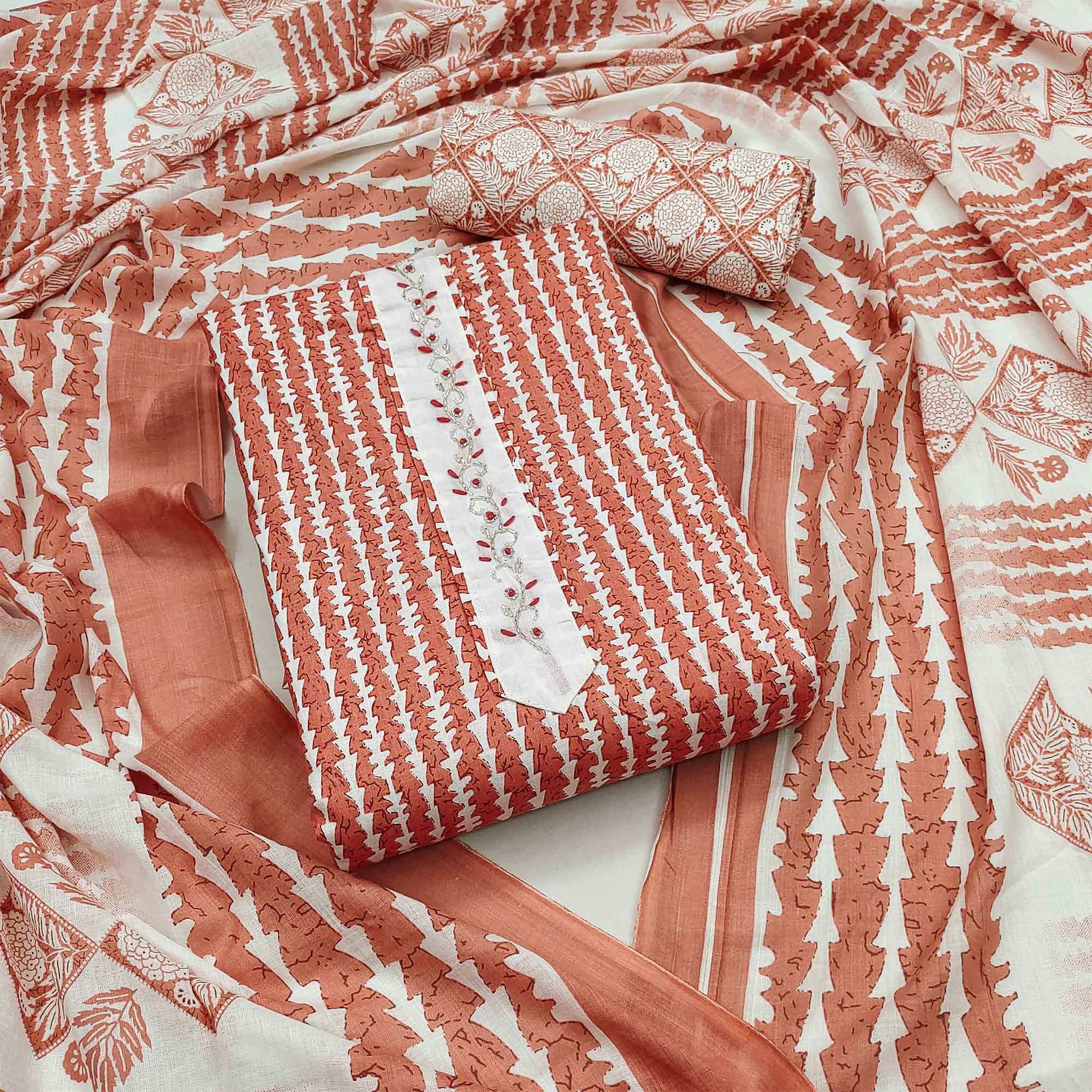 Rust Printed Pure Cotton Dress Material