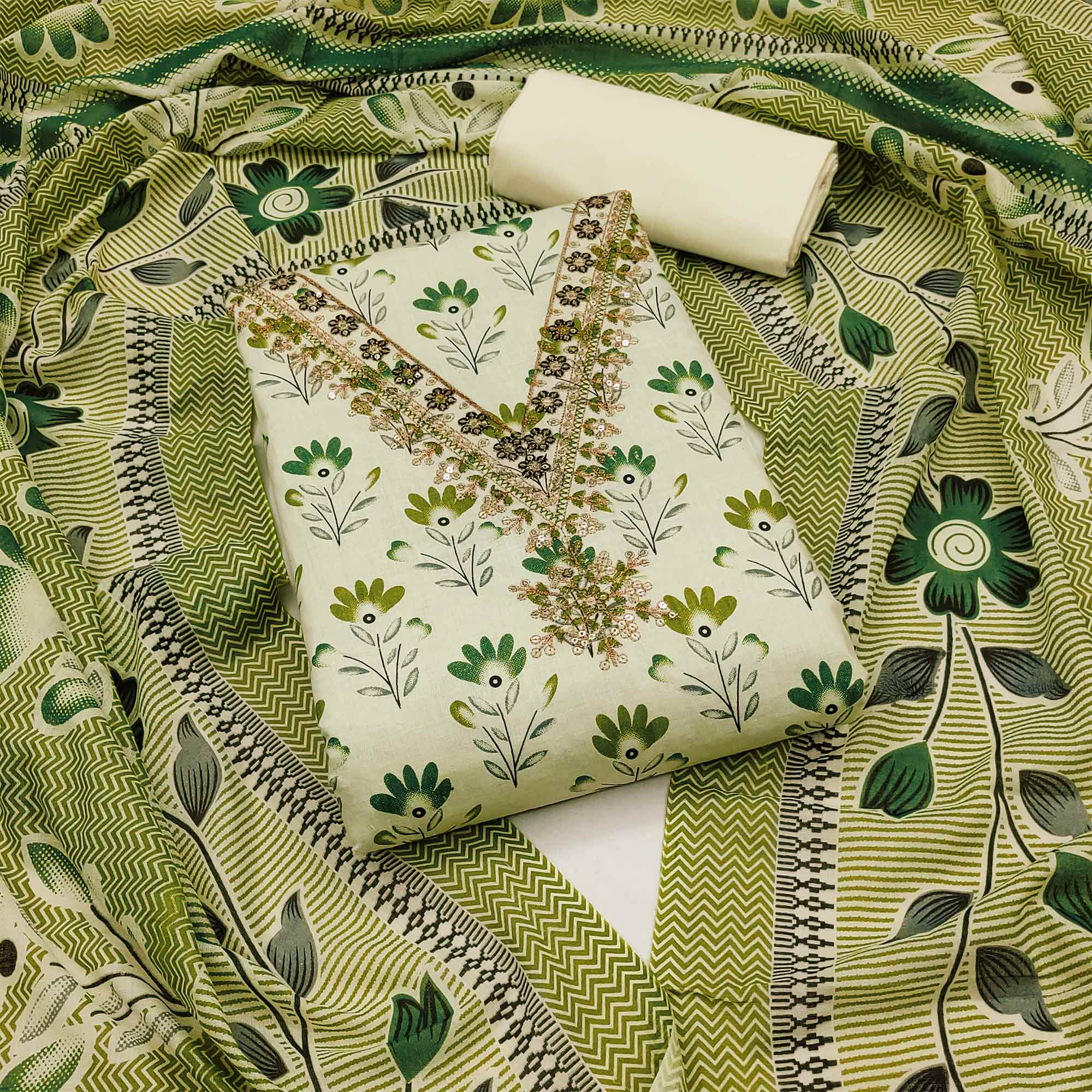 Green Floral Printed Embroidery Work Pure Cotton Dress Material