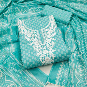 Aqua Green Pure Cotton Dress Material with Artistic Neck Embroidery and Subtle Printed Motifs