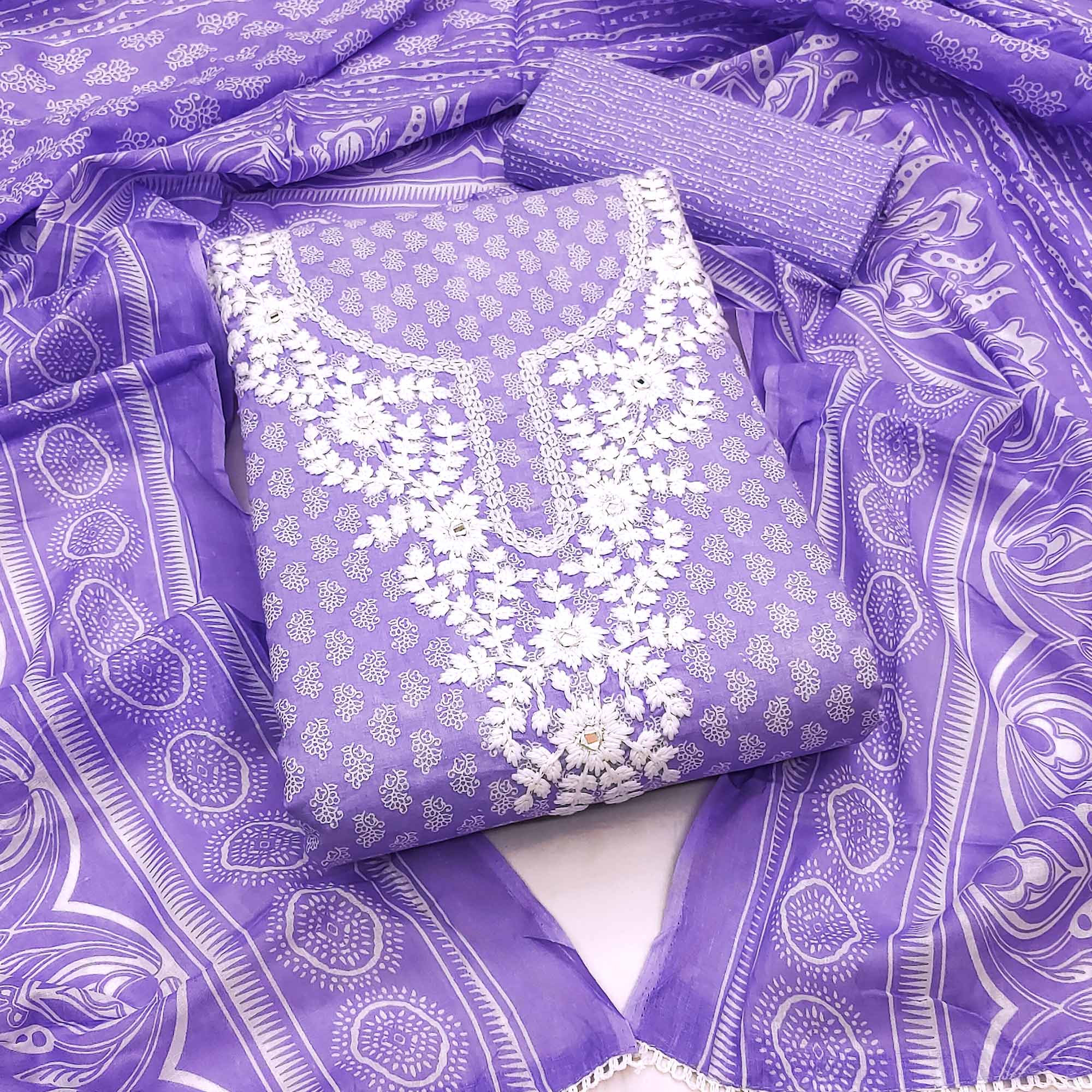 Lavender Pure Cotton Dress Material with Artistic Neck Embroidery and Subtle Printed Motifs