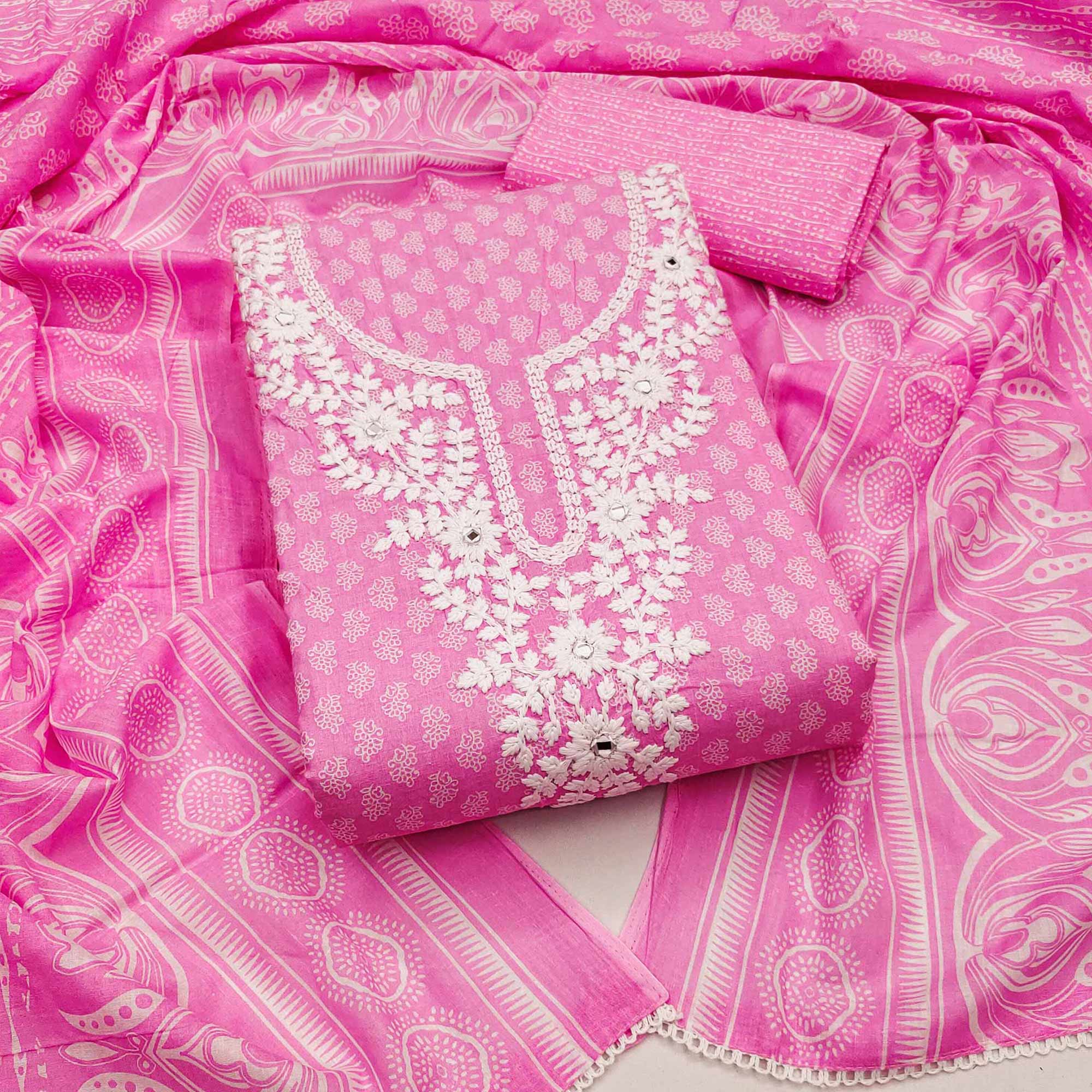 Pink Pure Cotton Dress Material with Artistic Neck Embroidery and Subtle Printed Motifs