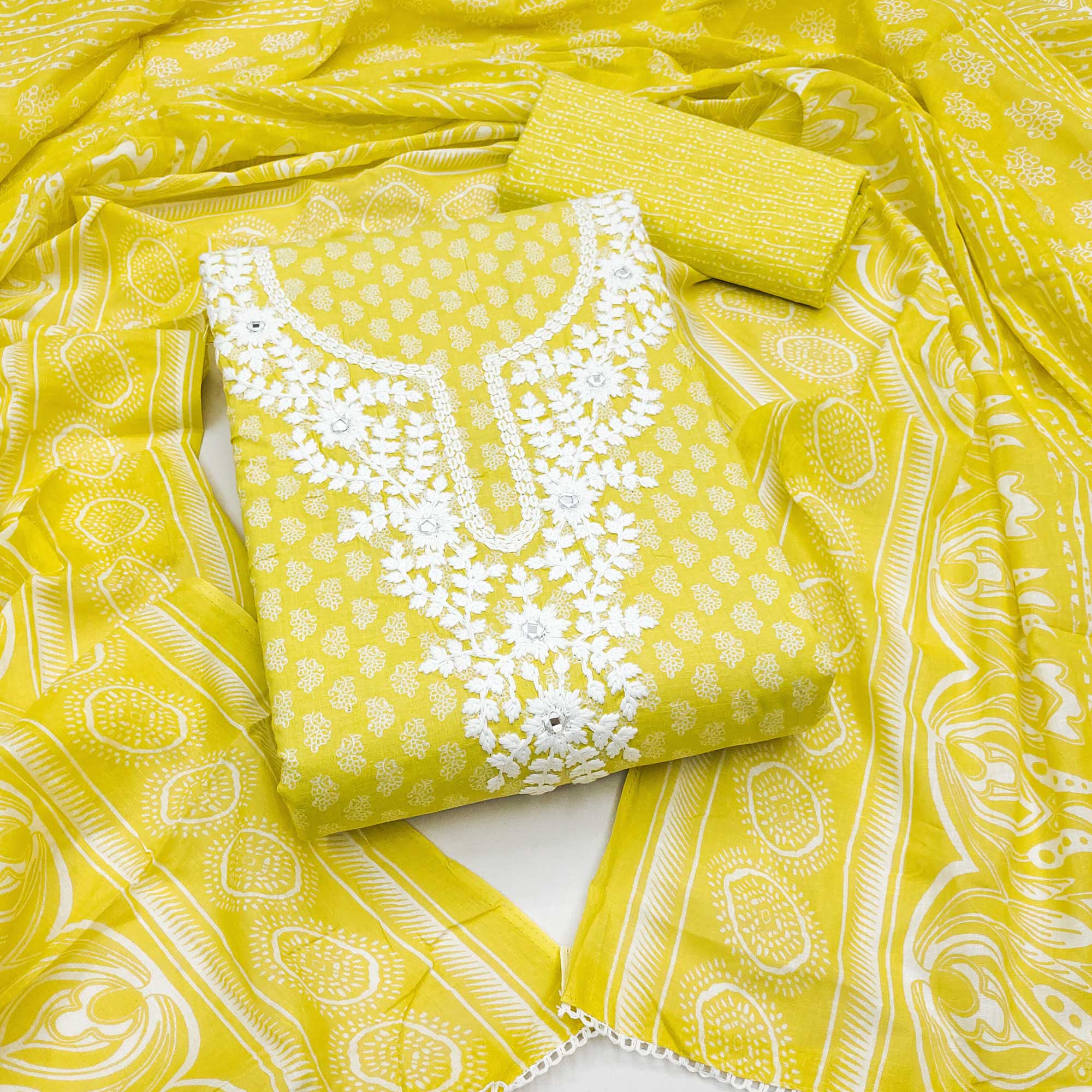 Yellow Pure Cotton Dress Material with Artistic Neck Embroidery and Subtle Printed Motifs