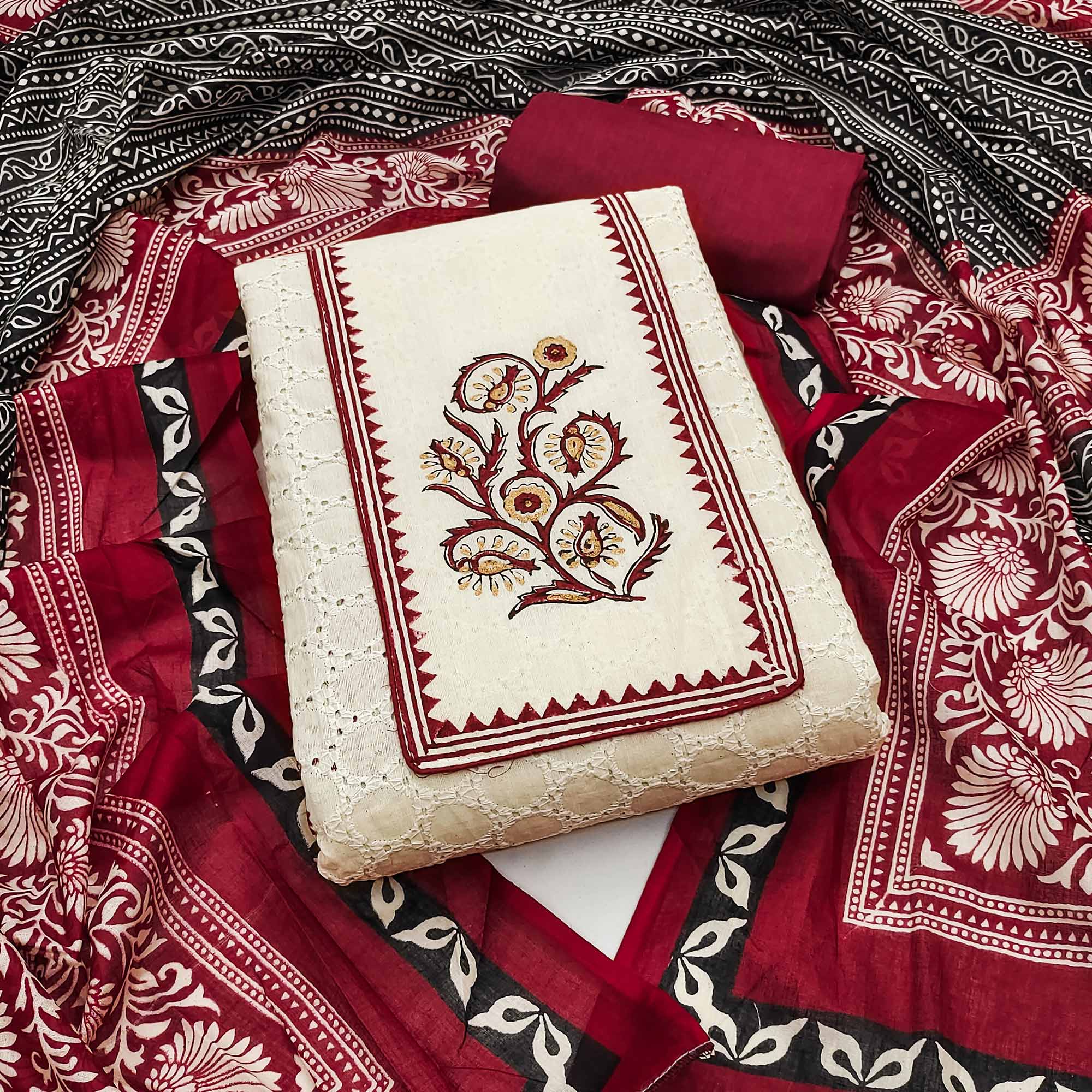 Off White & Maroon Dress Material in Pure Cotton with Schiffli Detailing and Handblock Motifs