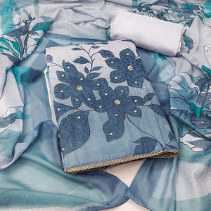 Blue & Grey Floral Print Cotton Fabric with Intricate Beads Work