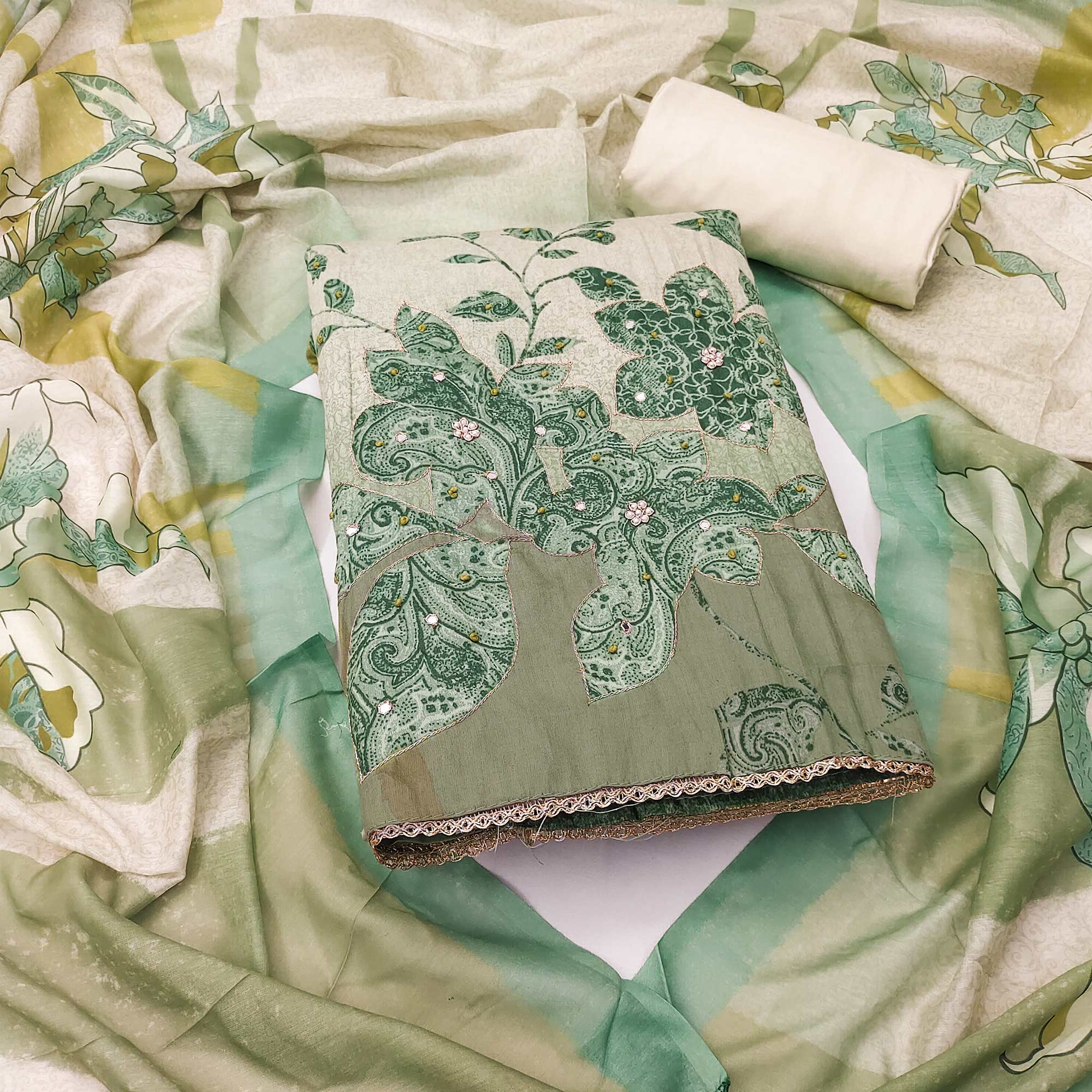 Green & Mint Floral Print Cotton Fabric with Intricate Beads Work