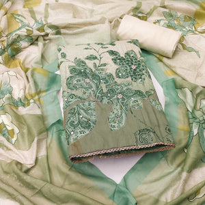 Green & Mint Floral Print Cotton Fabric with Intricate Beads Work