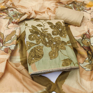 Olive & Beige Floral Print Cotton Fabric with Intricate Beads Work