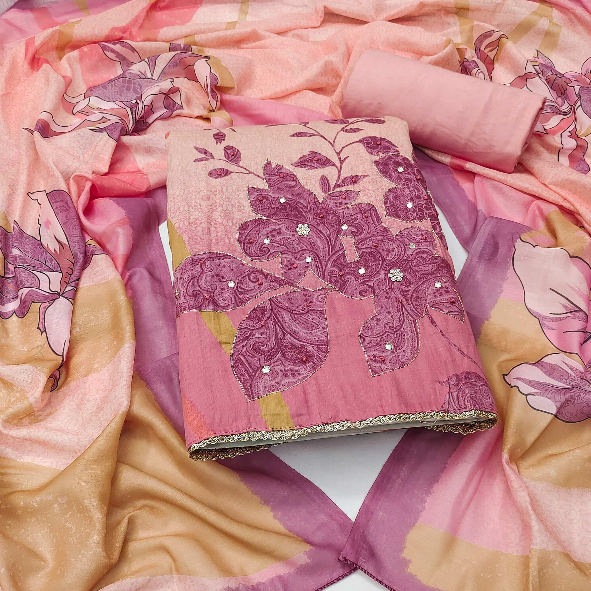 Pink & Peach Floral Print Cotton Fabric with Intricate Beads Work