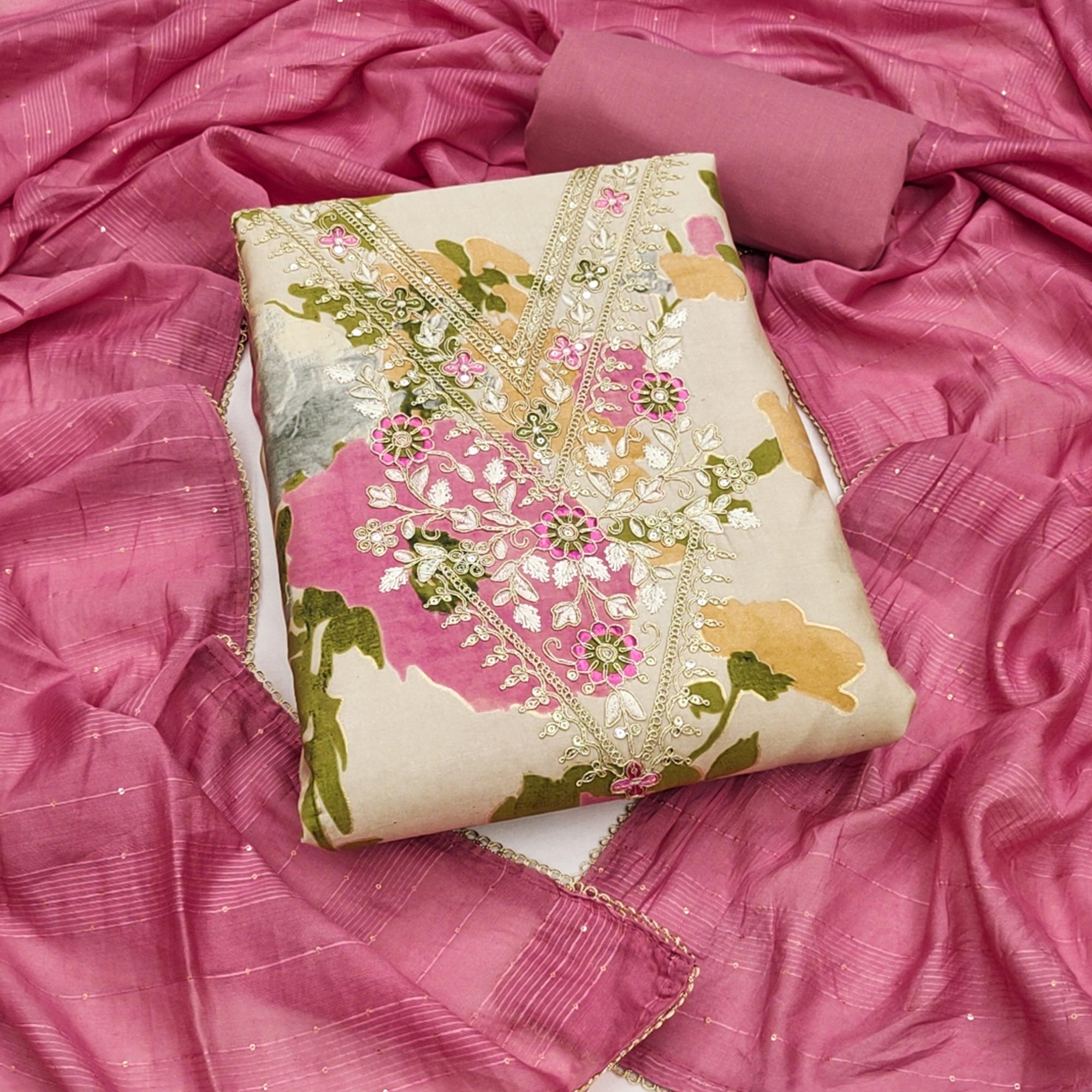 Artistic Beige Floral Print Cotton Blend Dress Material Accented With Cording Embroidery & Sequins