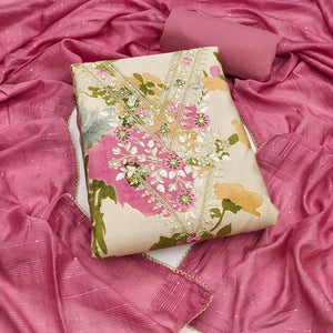 Artistic Beige Floral Print Cotton Blend Dress Material Accented With Cording Embroidery & Sequins