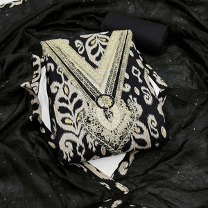 Graceful Black Ikkat Cotton Blend Dress Material Showcasing Cording Embroidery & Sequins