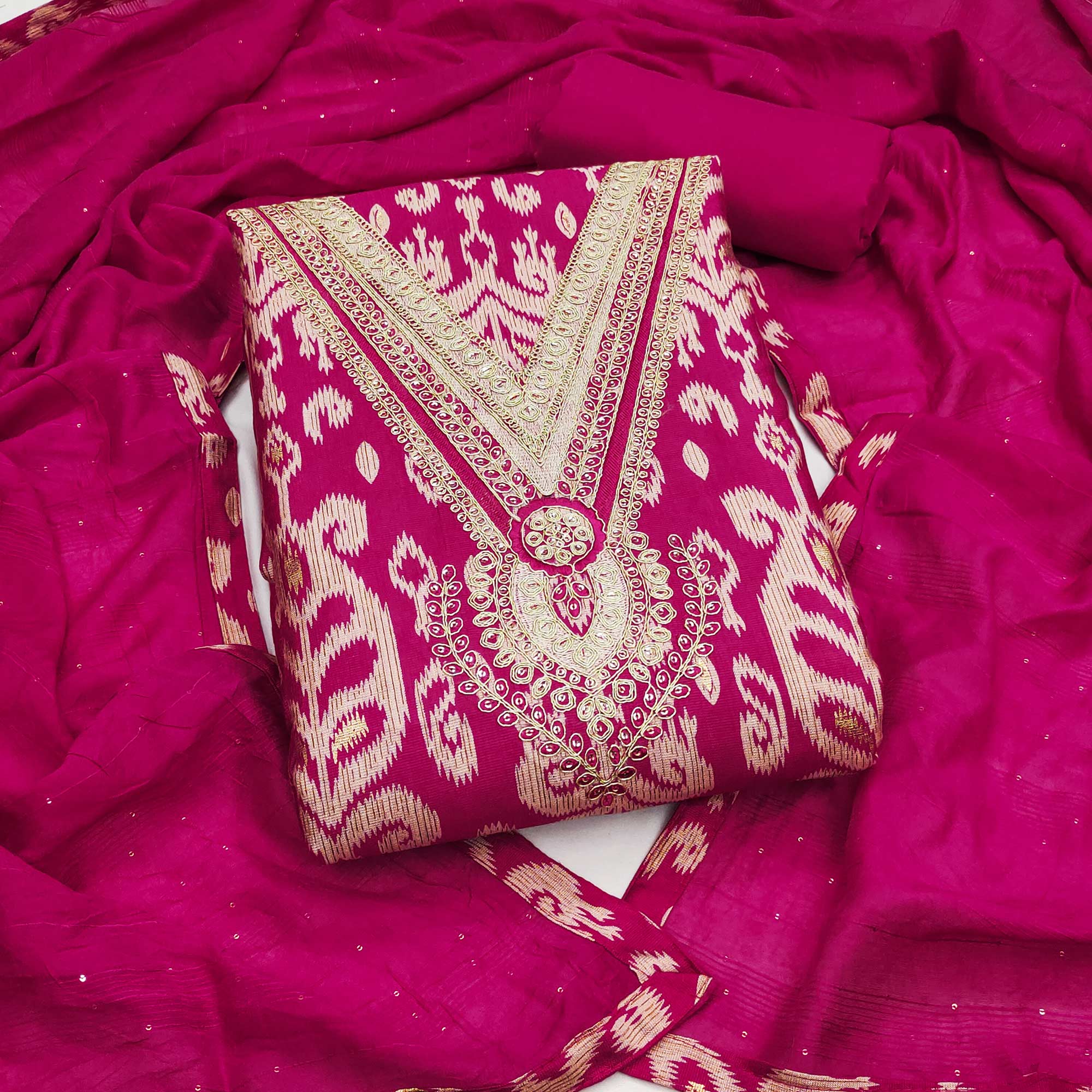 Graceful Pink Ikkat Cotton Blend Dress Material Showcasing Cording Embroidery & Sequins