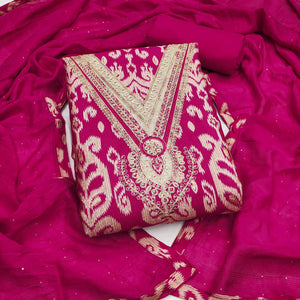Graceful Pink Ikkat Cotton Blend Dress Material Showcasing Cording Embroidery & Sequins