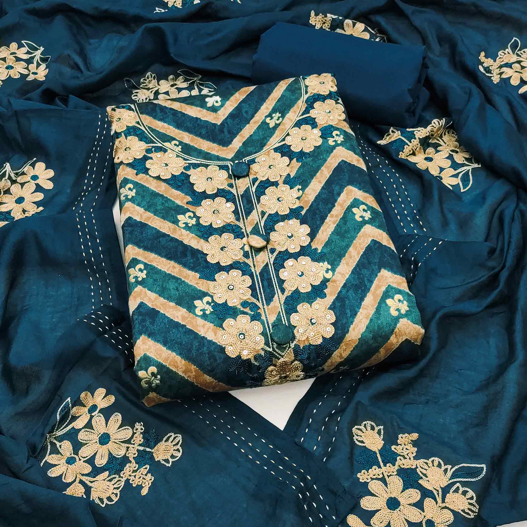 Artistic Blue Zig Zag Print Cotton Blend Dress Material Accented With Floral Embroidery & Sequins