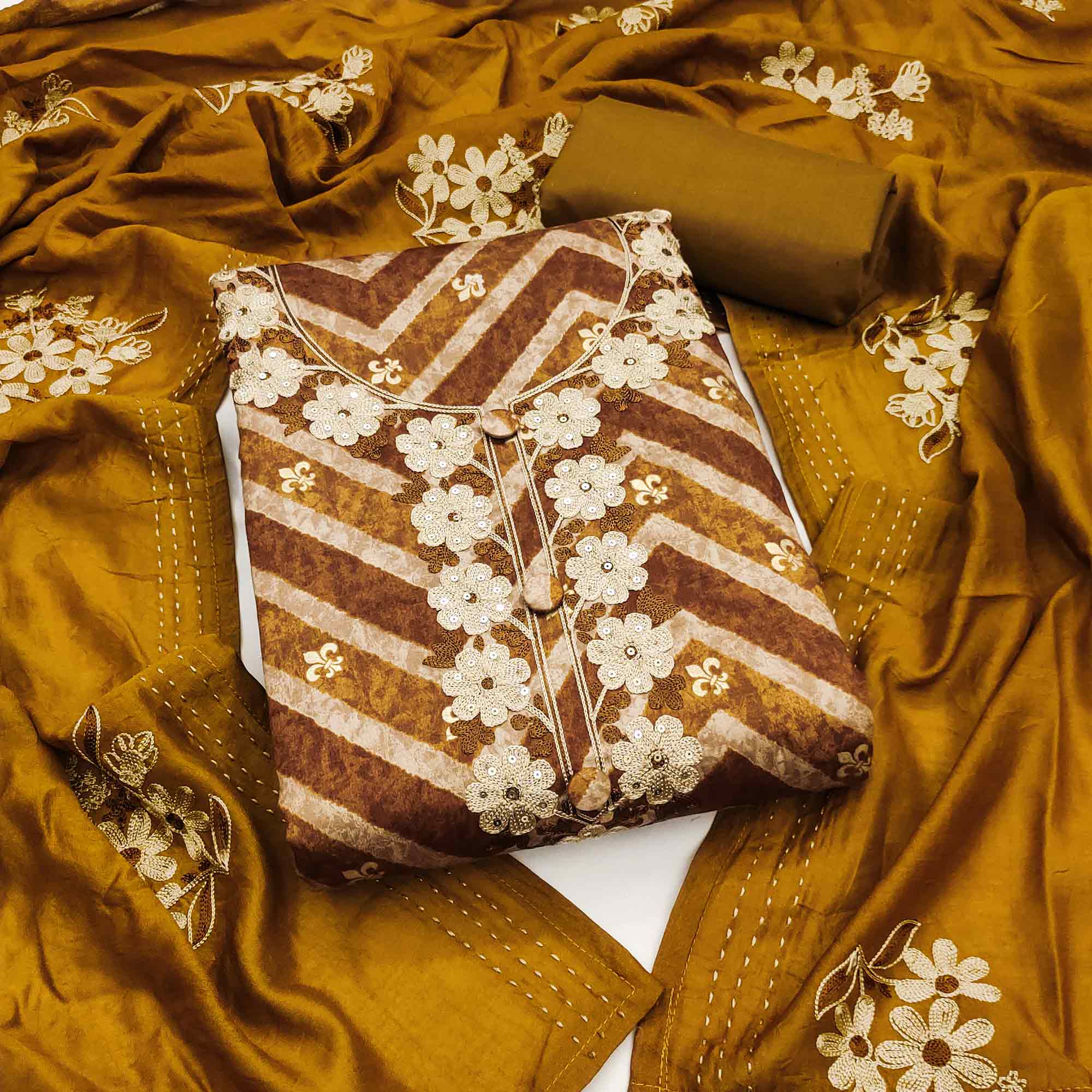 Artistic Mustard Zig Zag Print Cotton Blend Dress Material Accented With Floral Embroidery & Sequins