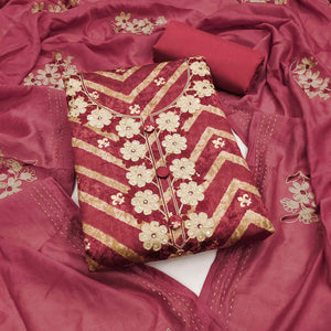 Artistic Pink Zig Zag Print Cotton Blend Dress Material Accented With Floral Embroidery & Sequins