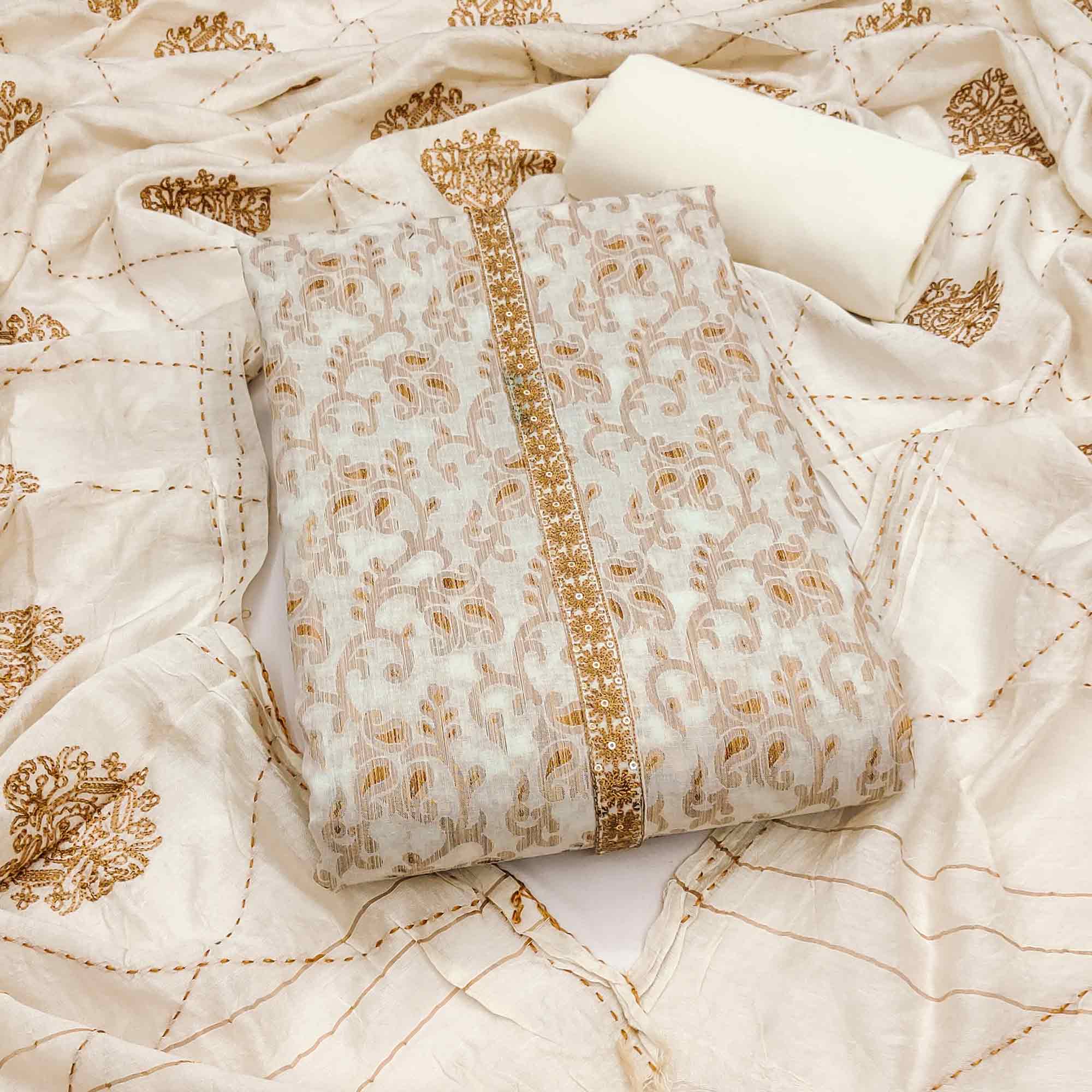 Elegant Offwhite Cotton Blend Dress Material Featuring Floral & Paisley Prints With Embroidery Work